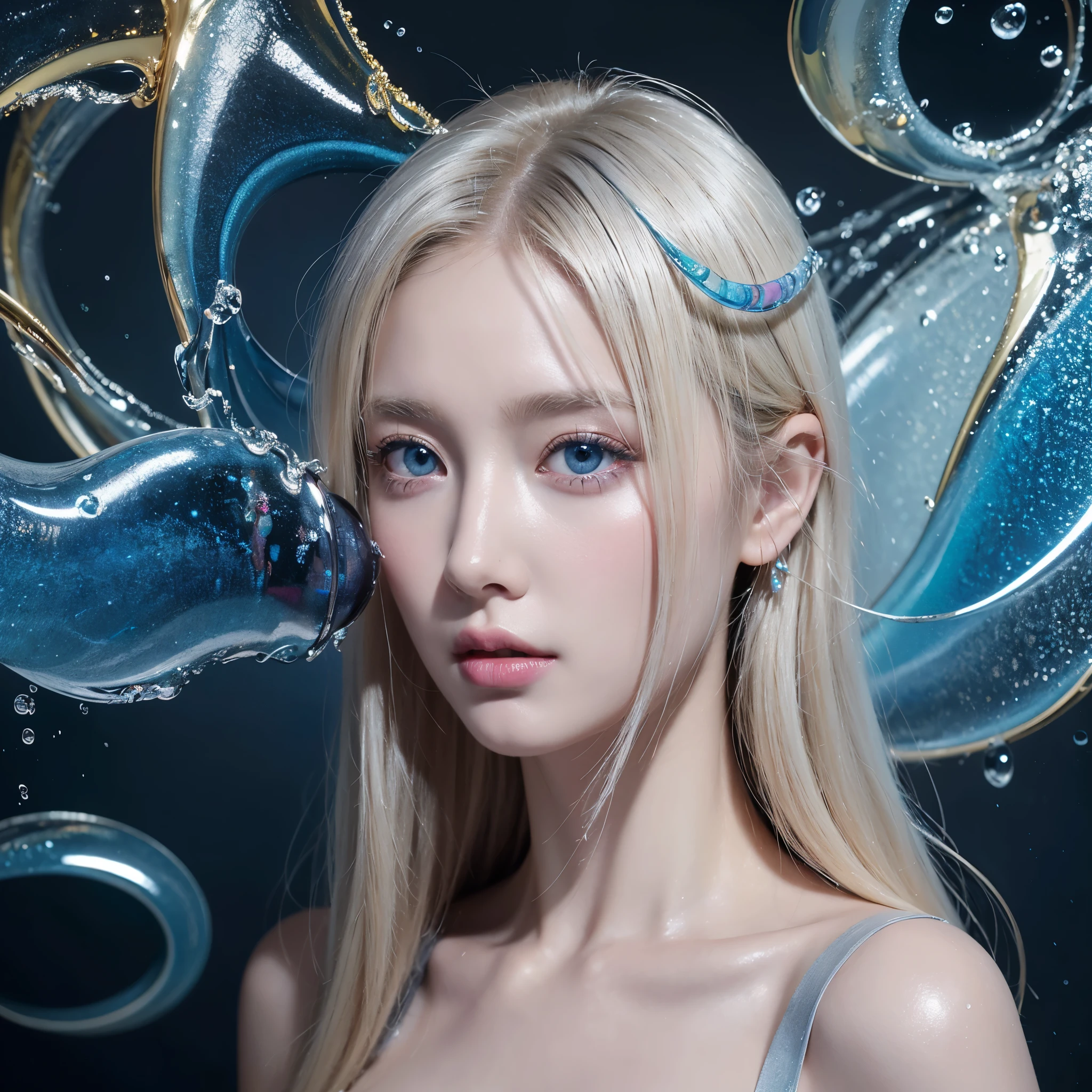 Beautiful blonde supermodel woman, A lock of hair with slight highlights, blue gray eyes, mixed media, wet paint, Jewel beetle, Colorful background, Liquid color flows across her face, Photographed by Zhang Jingna. - At 6 o&#39;clock