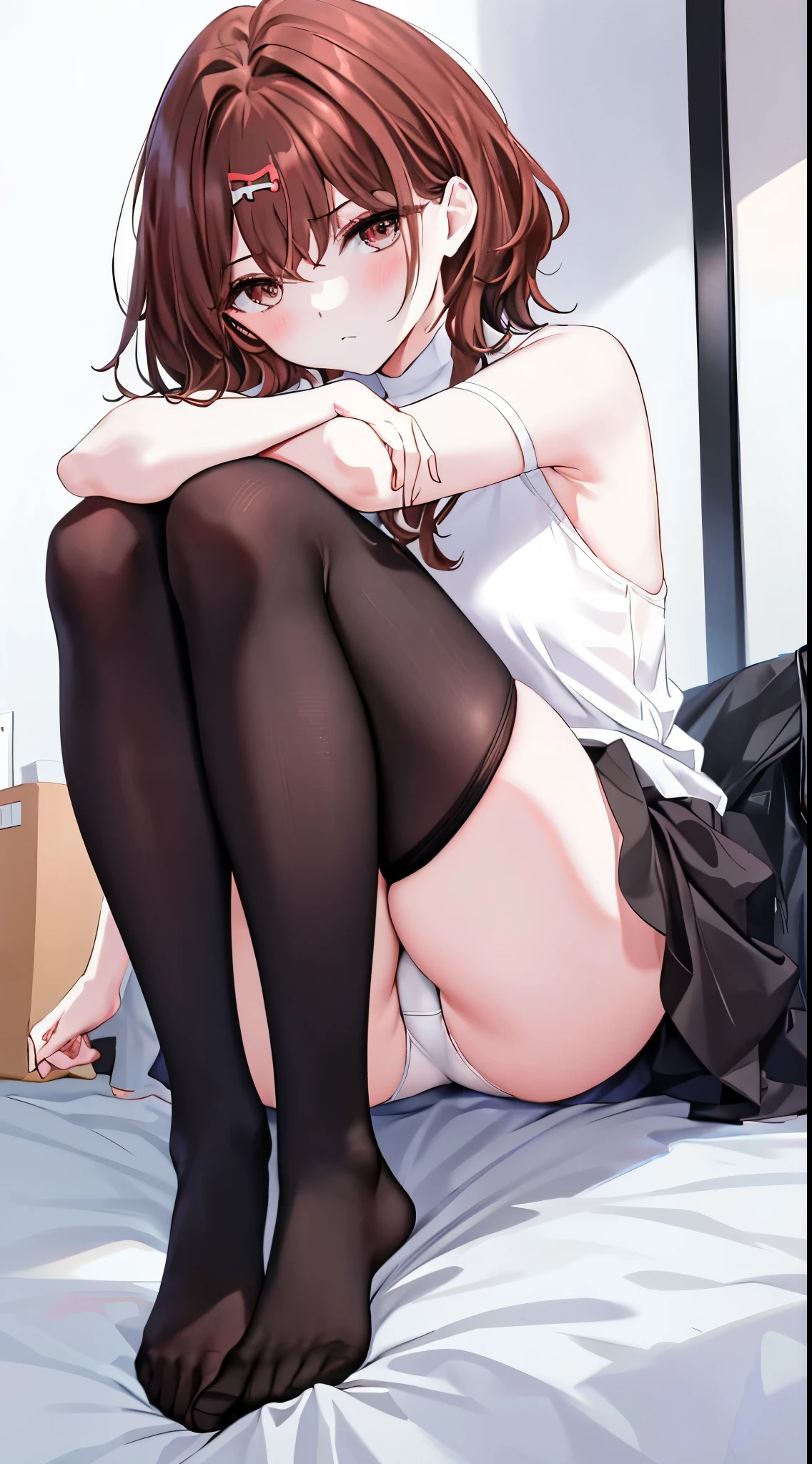 finest, masterpiece, High resolution, (Full body view from head to toe), front, frontやや下からの構図, Symmetrical, 18 year old tall girl, alone, (whole body from head to toe), small breasts, brown hair, messy hair, bangs, (black tights), (black pantyhose), (sitting with legs spread apart), (squating pose), (composition showing white panties), (Her legs are spread open and her white panties are visible.), made to sit with legs spread, (M-shaped legs), Slender legs, A very beautiful and tall 18 year old girl, (not wearing shoes), blush, shy big eyes, looking at camera