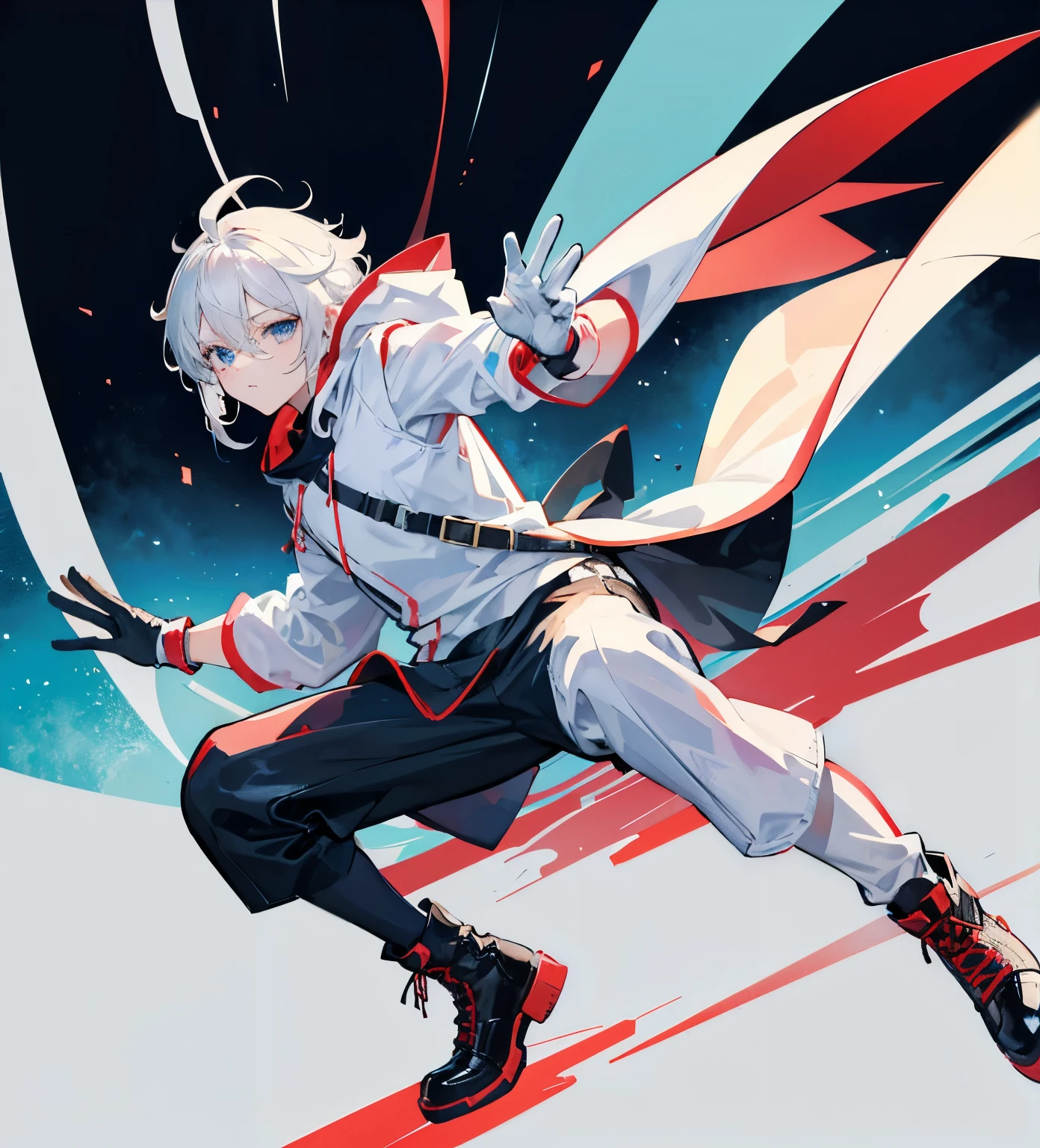 Wallpaper phone,anime characters,Two-dimensional image,Japanese comic style,8k,The best picture quality,Delicate facial features,full body portrait,panoramic,telephoto lens, white messy hair, One eye is covered by hair,You can't see his right eye , Wear fleece ,((Wear white gloves)), blue eyes, 20 years old, 1 boy, fighting stance,Wearing a white hooded sweatshirt,red,white combat boots,goggles,on the racecourse