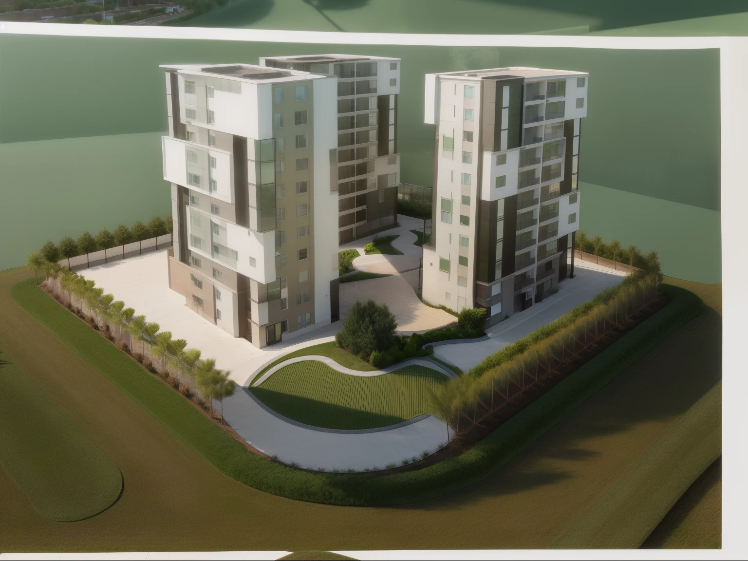 High-end apartment complex landscape, many green areas, white brick background.