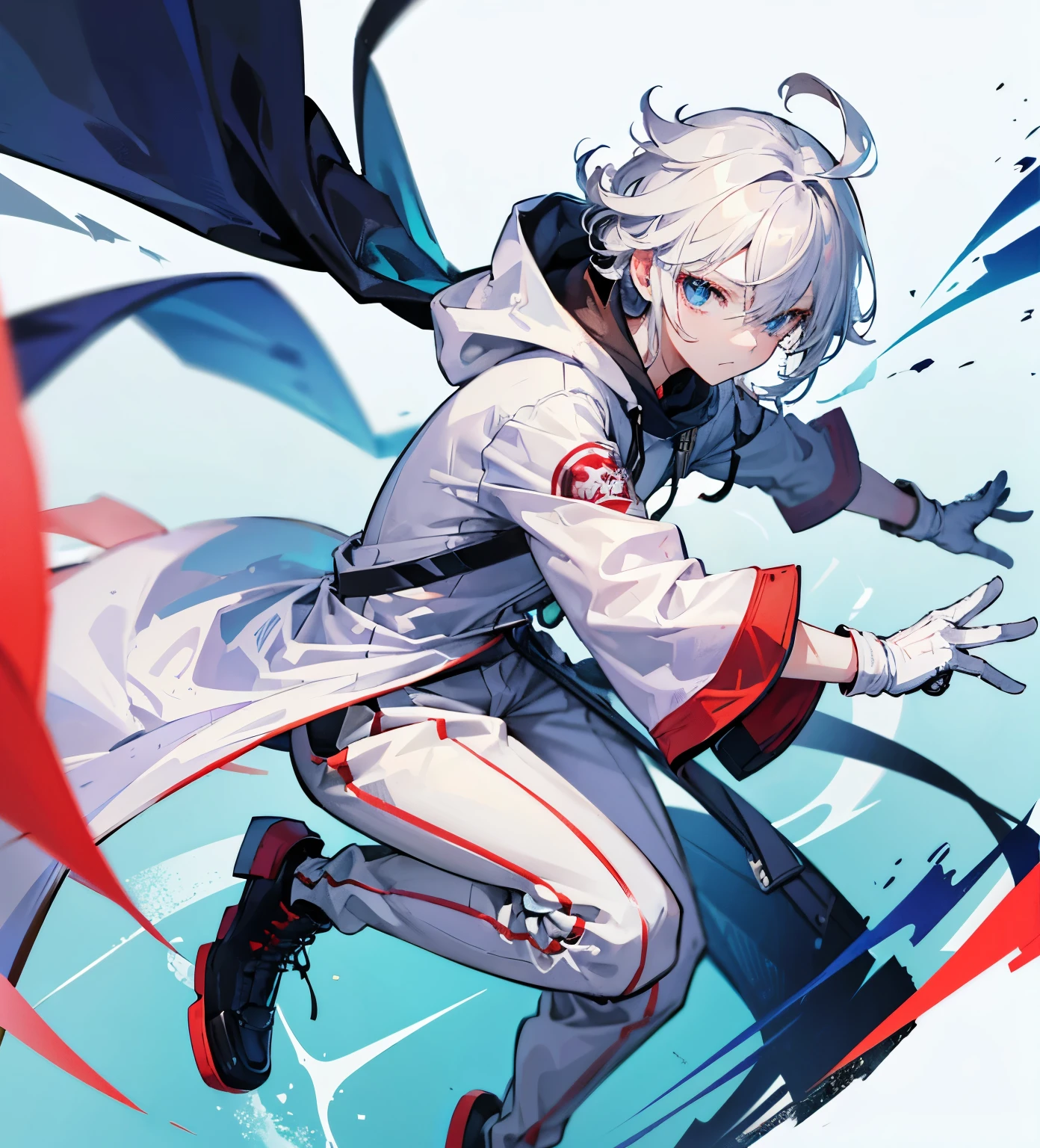 Wallpaper phone，anime characters，Two-dimensional image，Japanese comic style，8k，The best picture quality，Delicate facial features，full body portrait，panoramic，telephoto lens, white messy hair, One eye is covered by hair，You can&#39;t see his right eye , Wear fleece ,((Wear white gloves)), blue eyes, 20 years old, 1 boy, fighting stance，Wearing a white hooded sweatshirt，red，white combat boots，goggles，on the racecourse