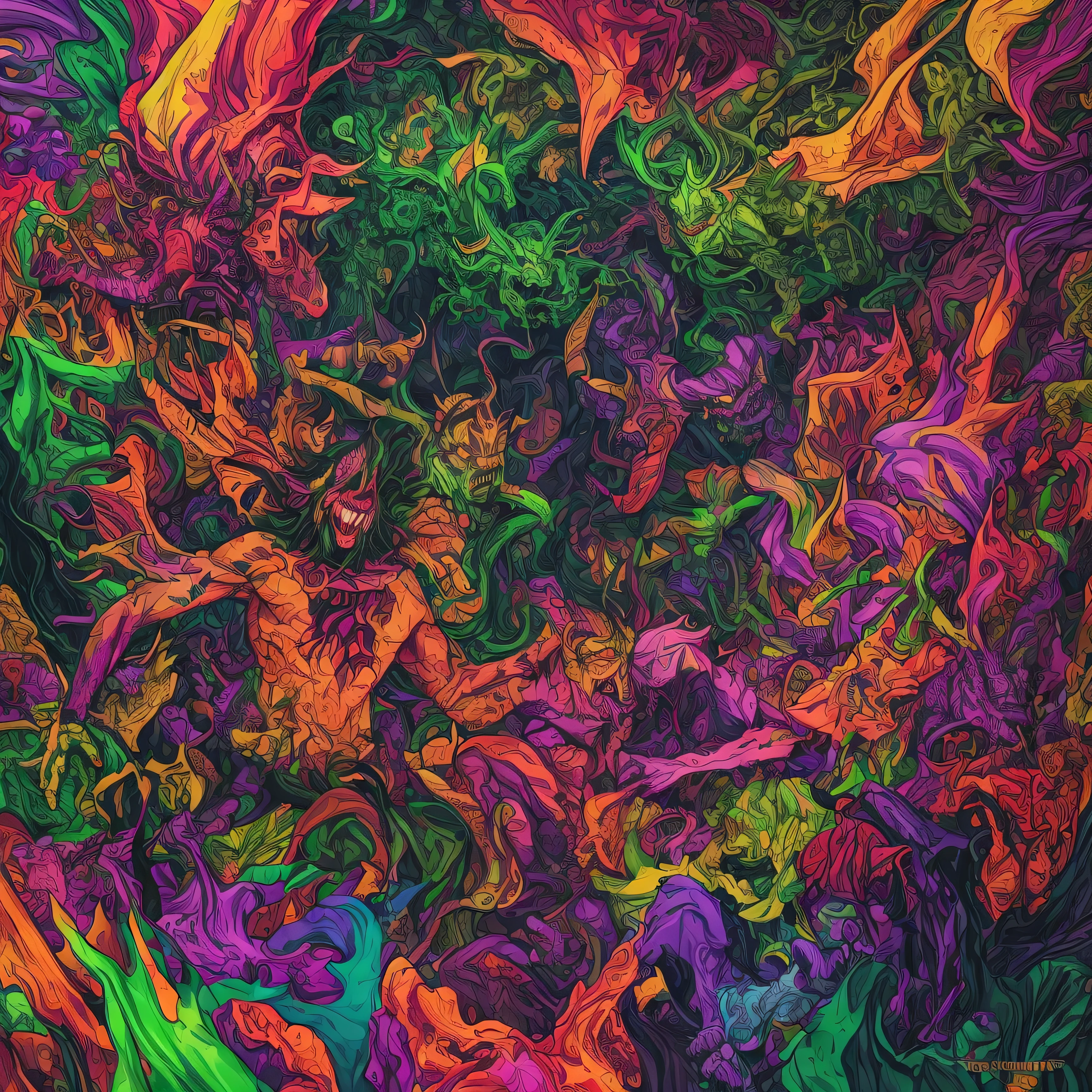 A work of art of demons and satan in a humorous and fictional environment with bright colors that dominate green., rojo, y tonos violetas. The artwork depicts acid-inspirojo visuals filled with junkies laughing.