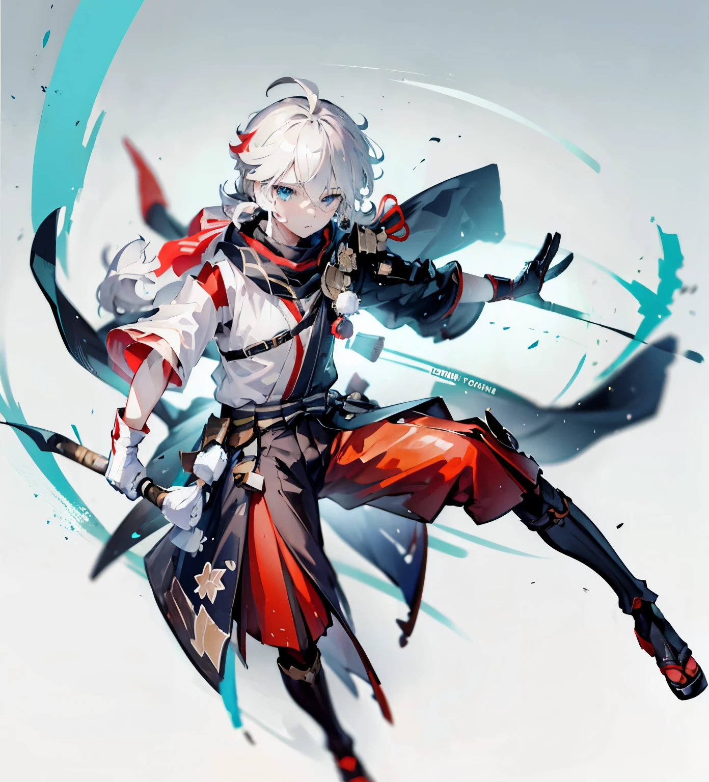Wallpaper phone,anime characters,Two-dimensional image,Japanese comic style,8k,The best picture quality,Delicate facial features,full body portrait,panoramic,telephoto lens, white messy hair, One eye is covered by hair,You can't see his right eye , Wear fleece ,((Wear white gloves)), blue eyes, 20 years old, 1 boy, fighting stance,Wearing a white hooded sweatshirt,red leggings,white combat boots,goggles,in the snow