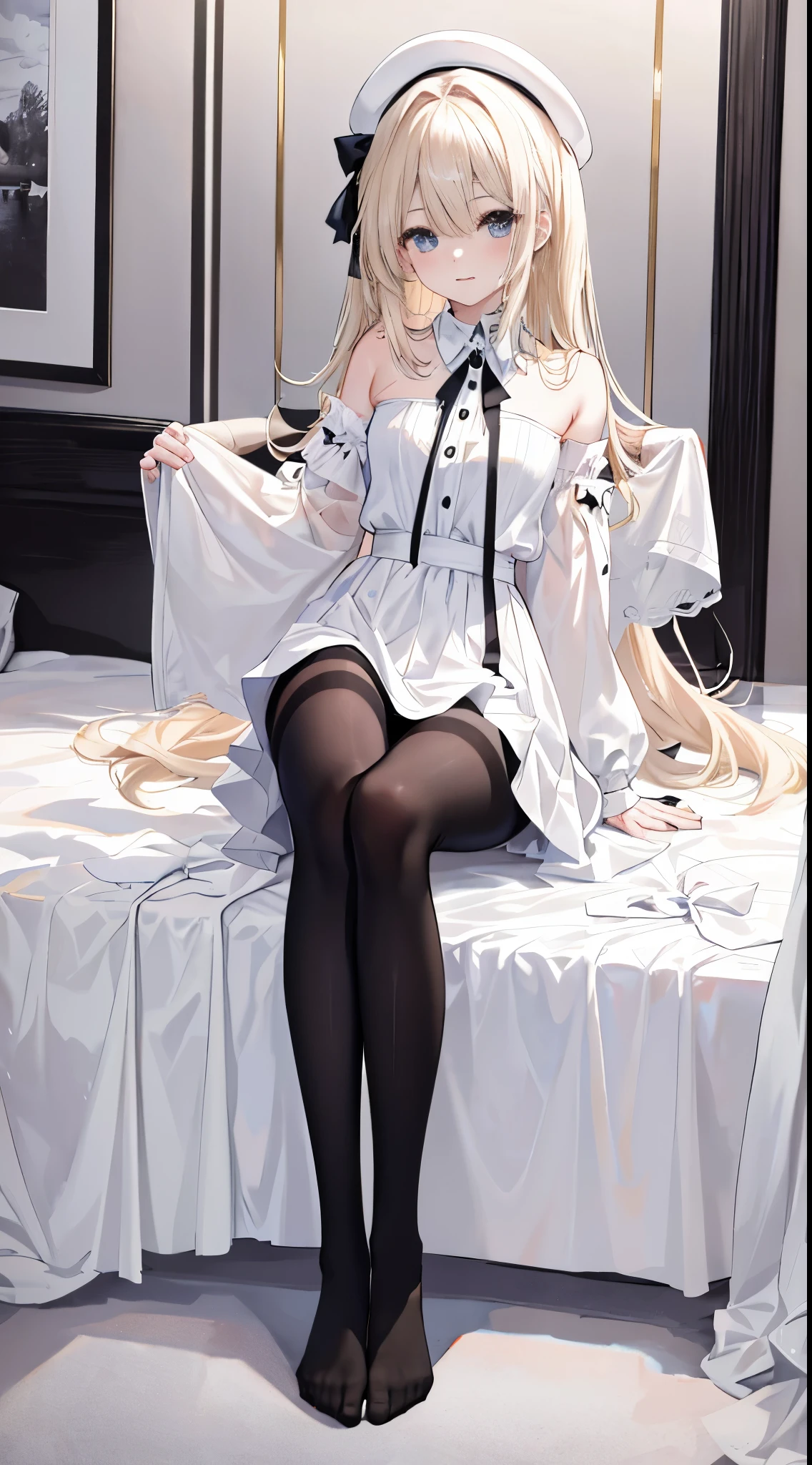 finest, masterpiece, High resolution, (Full body view from head to toe), front, frontやや下からの構図, Symmetrical, 18 year old tall girl, alone, (whole body from head to toe), small breasts, messy hair, bangs, (black tights), (black pantyhose), (sitting with legs spread apart), (squating pose), (composition showing white panties), (Her legs are spread open and her white panties are visible.), made to sit with legs spread, (M-shaped legs), Slender legs, A very beautiful and tall 18 year old girl, (not wearing shoes), blush, shy big eyes, looking at camera