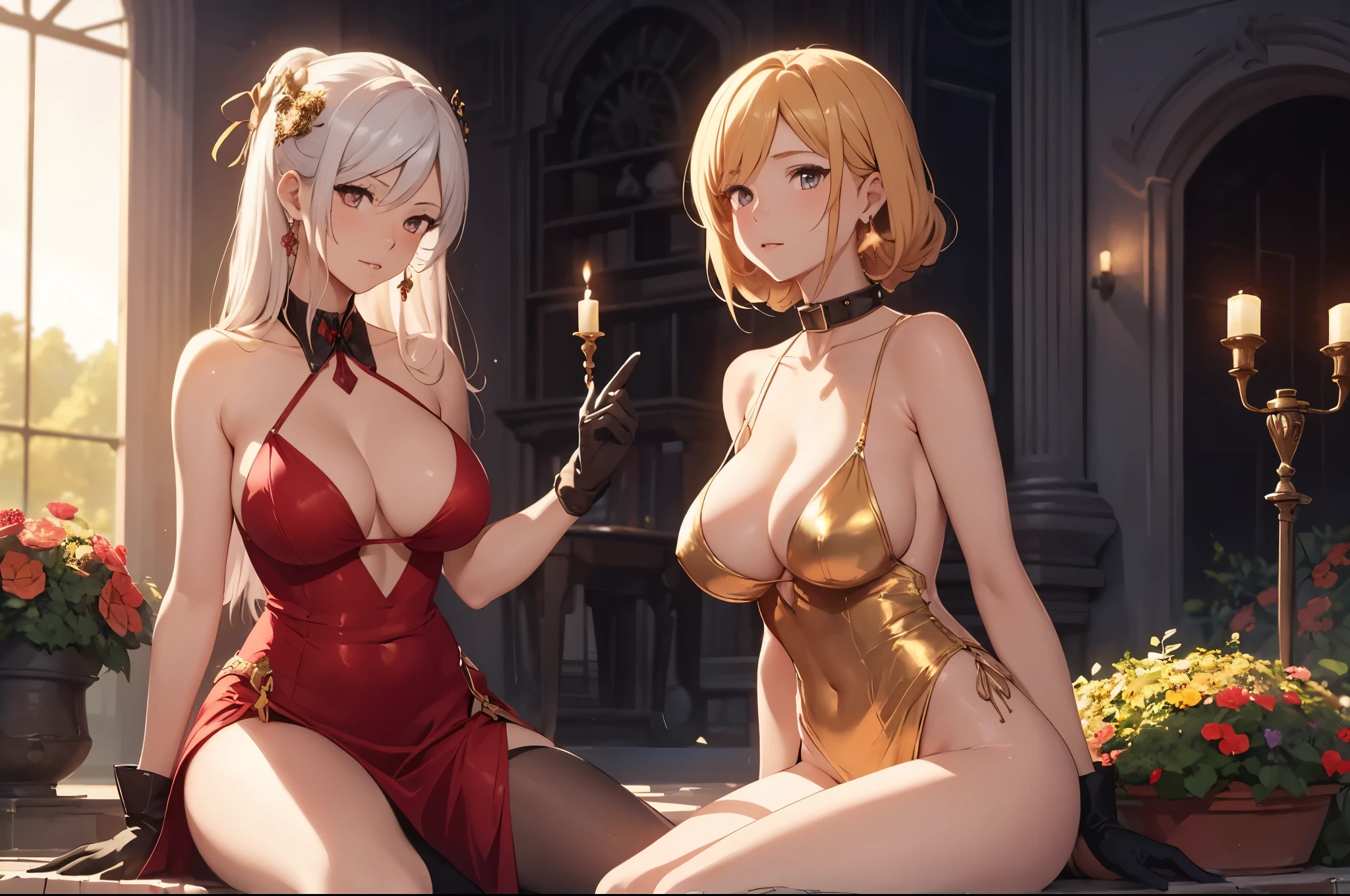 2girls, scenery, evening dress, scantily clad, shoes, collar, gloves, earrings, mature face, anime women with big breasts, curvy but thin, perfect body, [ mature female ] , ((( Milf ))), female protagonist, evergarden, flowerbed, golden hour, scene, beautiful anime, masterpiece, dynamic angle