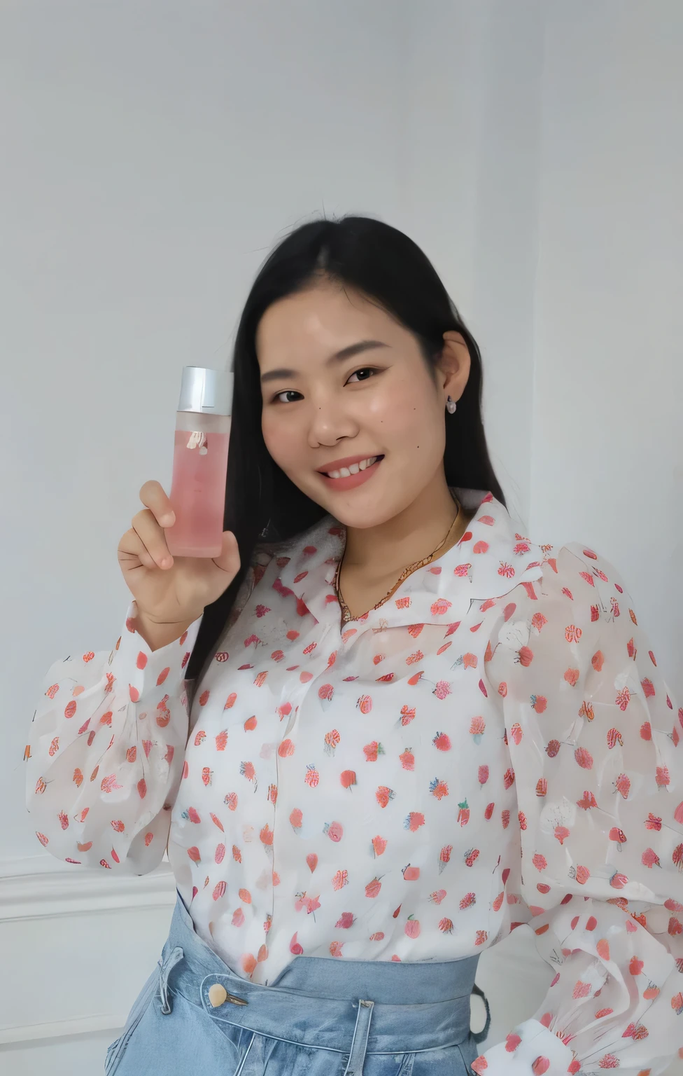 There was a woman holding a perfume bottle to her face., holding a full bottle of potrait, Holding perfume bottle, Smooth white skin, Beautiful face, perfect face, perfect finger, Masterpiece, Photo 8,000