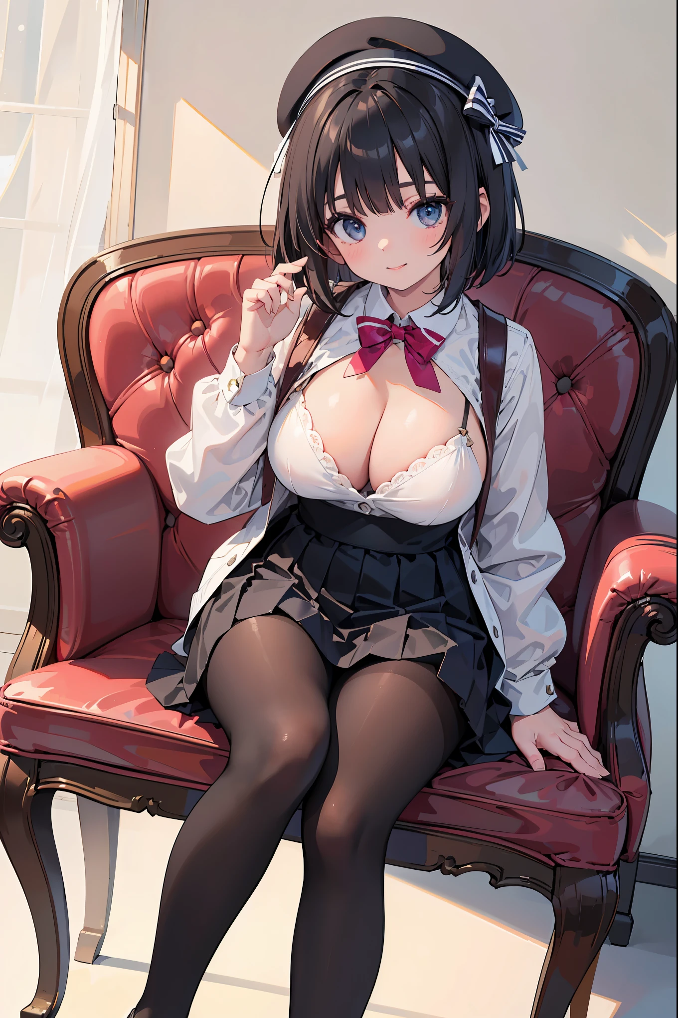 ((Masterpiece: 1.3)), ((Absolute Resolution: 1.2)), ((Superlative,: 1.4)), super detailed face, complex and detailed eyes, one girl, smooth nasal bridge, detailed mouth, polite and cute smiling expression, realistic bumps on human body, silky smooth hair texture, one girl, solo, buxom beautiful girl, High school girl, cute design blazer uniform, long sleeves, white blouse, pink breast cloth, cleavage, priss skirt, (shiny black pantyhose denier 25), white silk cloth visible through pantyhose, ribbon, beret, frills, lace, black hair in braids in one-length bob cut, years Cute design adornments commensurate with her age, showing her whole body (sitting pose with legs spread to either side and hips floating: 1. 3), innocent hand movements, (white skin: 1. 3), breasts filled with large amounts of fat swaying softly, cinematic lighting, perfect shading, ((cute nursery)), realistic lighting with shadows, from below Licking shot,