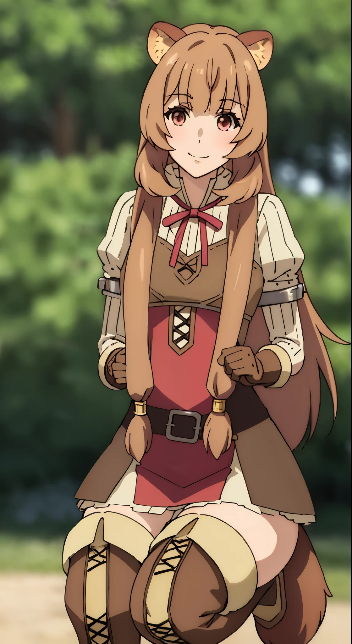 highest quality, rough, 1 girl, roughタリア、super mini skirt、white panties、squatting down、spread legs,show white panties,sexy,美しいthighs、raccoon ears, a racoon girl, animal ears, solo, long hair, brown hair, racoon tail, tail, gloves, thigh boots, knee boots, smile, bangs, thighs, thighs, looking at the viewer, full body, brown gloves, belt, long sleeves, Are standing, dress, band, closed mouth, brown shoes, Blogna, 短いdress, zettai ryouiki, red ribbon full definition, (realistic:1.4), masterpiece, blurred background, わずかなsmile, Slightly pink cheeks,in the forest, clear sky