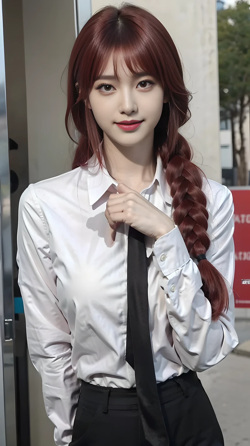 best quality, natural lighting, masterpiece, 1 girl, perfect beautiful face, (photo photo:1.3), edge lighting, photography lighting, (high detail skin:1.2), 8k ultra hd, DSLR, high quality, high resolution, white skin, detailed textured skin, 3/4 body in frame, sexy posing, poker face, close-lip, perfect propotion face, symetric face, eye level shot, 4k, 8k, bokeh, absurd, best ratio four fingers and one thumb, (realistic:1.3), beautiful detailed girl, cute 1girl, red hair, long hair, bangs, volume hairs, collosal-breast, full looking breast, projecting breast, slim waist, slender, small thighs, perfectly proportion, outdoor background, detailed background, trees, clouds, makima, long hair, smile, bangs, (yellow eyes:1.2), braid, red hair, braided ponytail, ringed eyes, shirt, long sleeves, white shirt, collared shirt, pants, (black pants:1.2), formal, suit, black necktie, (shirt tucked in:1.2), office lady, braid, braided ponytail, long hair, makima, (black necktie:1.2), red hair, yellow eyes, white shirt, (hands behind back:1.1)