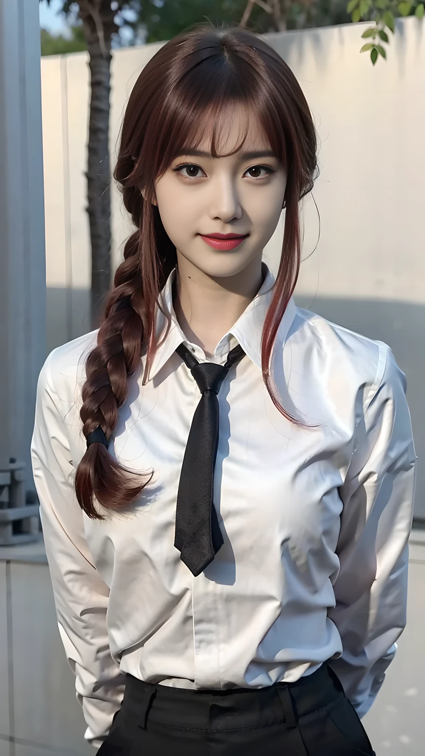 best quality, natural lighting, masterpiece, 1 girl, perfect beautiful face, (photo photo:1.3), edge lighting, photography lighting, (high detail skin:1.2), 8k ultra hd, DSLR, high quality, high resolution, white skin, detailed textured skin, 3/4 body in frame, sexy posing, poker face, close-lip, perfect propotion face, symetric face, eye level shot, 4k, 8k, bokeh, absurd, best ratio four fingers and one thumb, (realistic:1.3), beautiful detailed girl, cute 1girl, red hair, long hair, bangs, volume hairs, collosal-breast, full looking breast, projecting breast, slim waist, slender, small thighs, perfectly proportion, outdoor background, detailed background, trees, clouds, makima, long hair, smile, bangs, (yellow eyes:1.2), braid, red hair, braided ponytail, ringed eyes, shirt, long sleeves, white shirt, collared shirt, pants, (black pants:1.2), formal, suit, black necktie, (shirt tucked in:1.2), office lady, braid, braided ponytail, long hair, makima, (black necktie:1.2), red hair, yellow eyes, white shirt, (hands behind back:1.1)