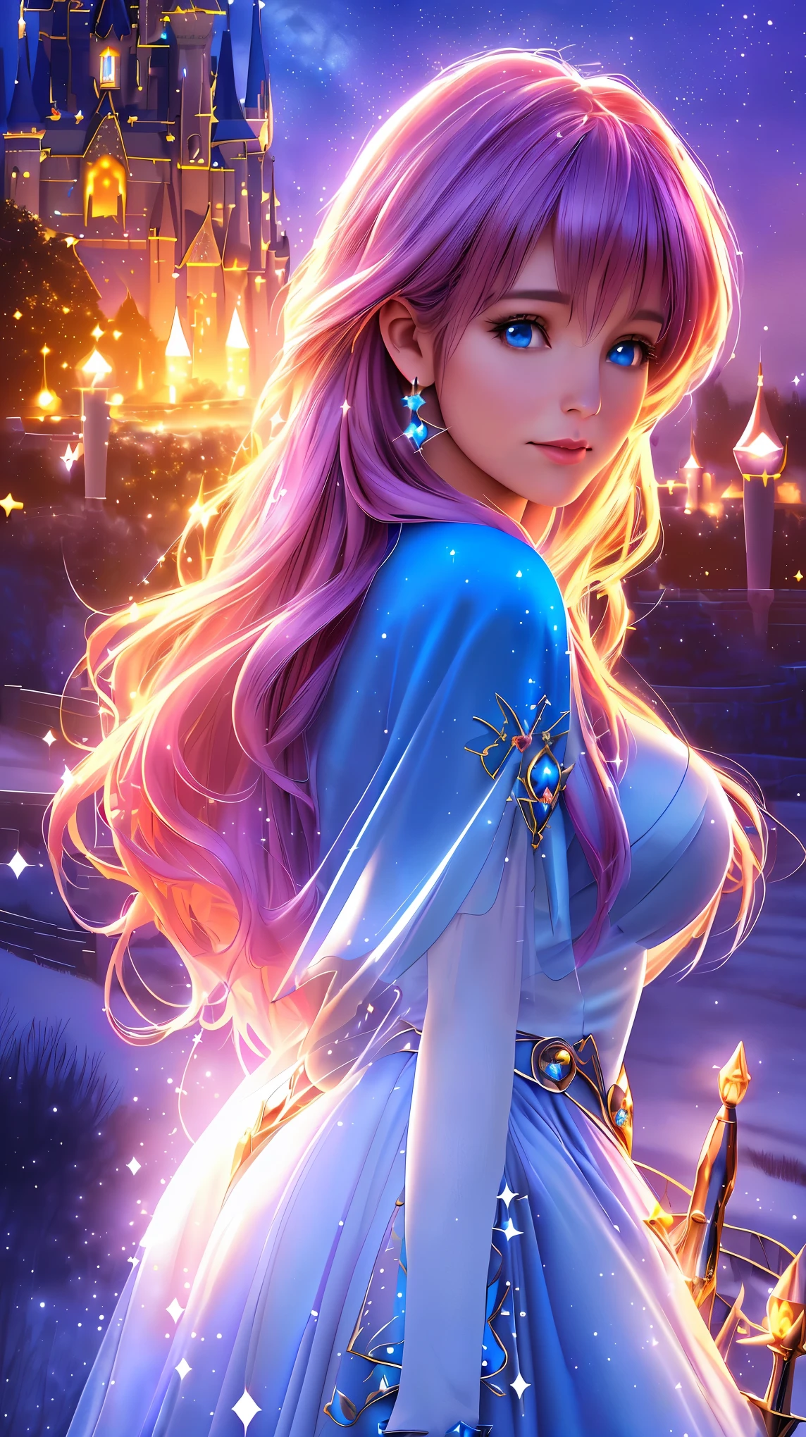 Fantastical starry sky, magical girl waving her magic wand, illuminating the world, warming hearts, starry castle, sense of mystery, fairy tale story, (best quality, 4k, 8k, highres, masterpiece:1.2), ultra-detailed, (realistic, photorealistic, photo-realistic:1.37), enchanting night, (heartwarming glow:1.1), (magical aura:1.1), (whimsical charm:1.1), (celestial beauty:1.1), (wonder and magic:1.1), (fairy tale come to life:1.1), (mystical castle:1.1), (whispers of magic:1.1), (luminous grace:1.1), (dreamlike allure:1.1), (spellbinding adventure:1.1), (twinkling stars:1.1), (ethereal presence:1.1), (inspiring hope:1.1), (guardian of light:1.1), (fantasy realm:1.1), (enchantress of the night:1.1), (mythical enchantment:1.1), (heart of magic:1.1), (fabled narrative:1.1)