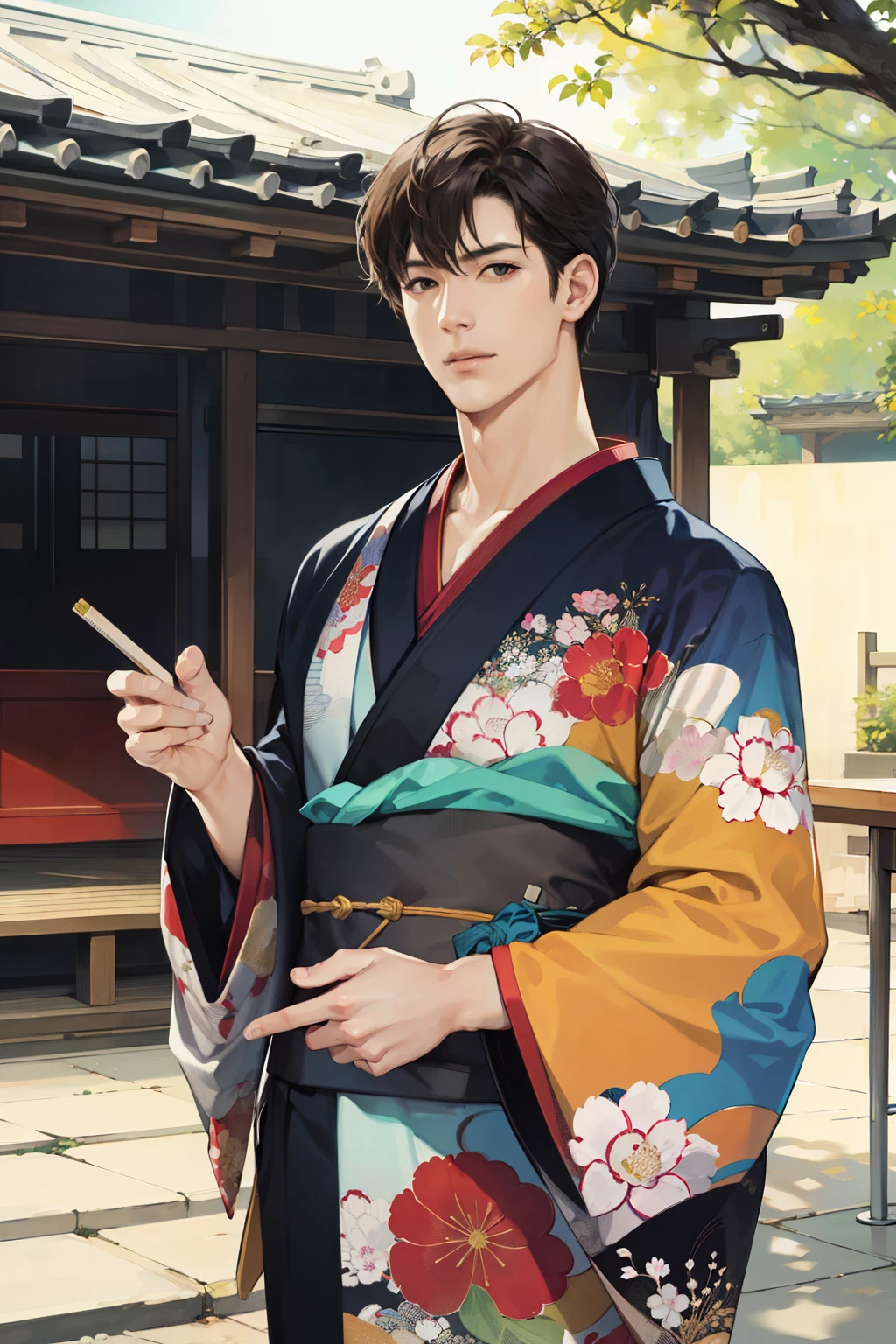 (disorganized, High resolution, Super detailed, realistic, ), 1 male, uncle、Tobacco、kimono