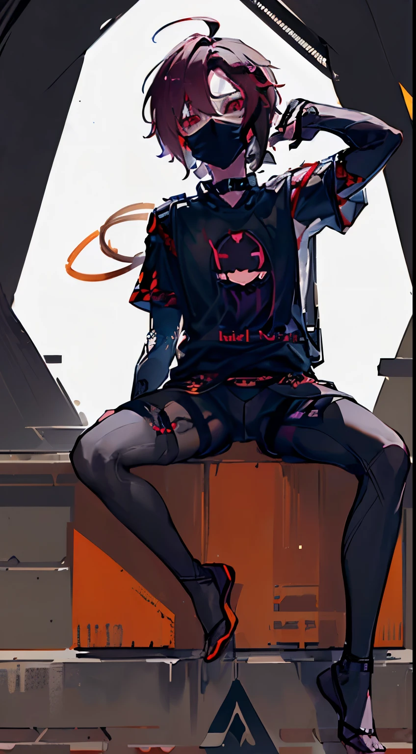 Maple leaf background，(masterpiece, best quality: 1.2), alone, male focus, Essence strong, 1 boy, Smile, looking at the audience,((red eyes))， ((Black T-shirt:1.7))，{a very handsome boy}, 8k wallpaper, {{{masterpiece}}}，Exquisite facial features，(((best quality))), ((Super detailed)), ((illustration))，male focus, ((shadow face))，shorter pants，Look up,red pupils,((empty eyes)),Slobber,open mouth,glowing eyes,(Poker face),open mouth, ((dark_people:1.7)), ((hero)), ((mask:1.3)), Gripped_teeth,，((),((wet)), ()，Lick your feet，hand pockets， skinny, full body shot，male焦点，(((Short hair details:1.4))),((唯一的people)),(((tights:1.3)))，((male))，((brain controlled)), skinny，(((brain_control:1.3))),the first god，Bite gloves，black clothes:1.7，