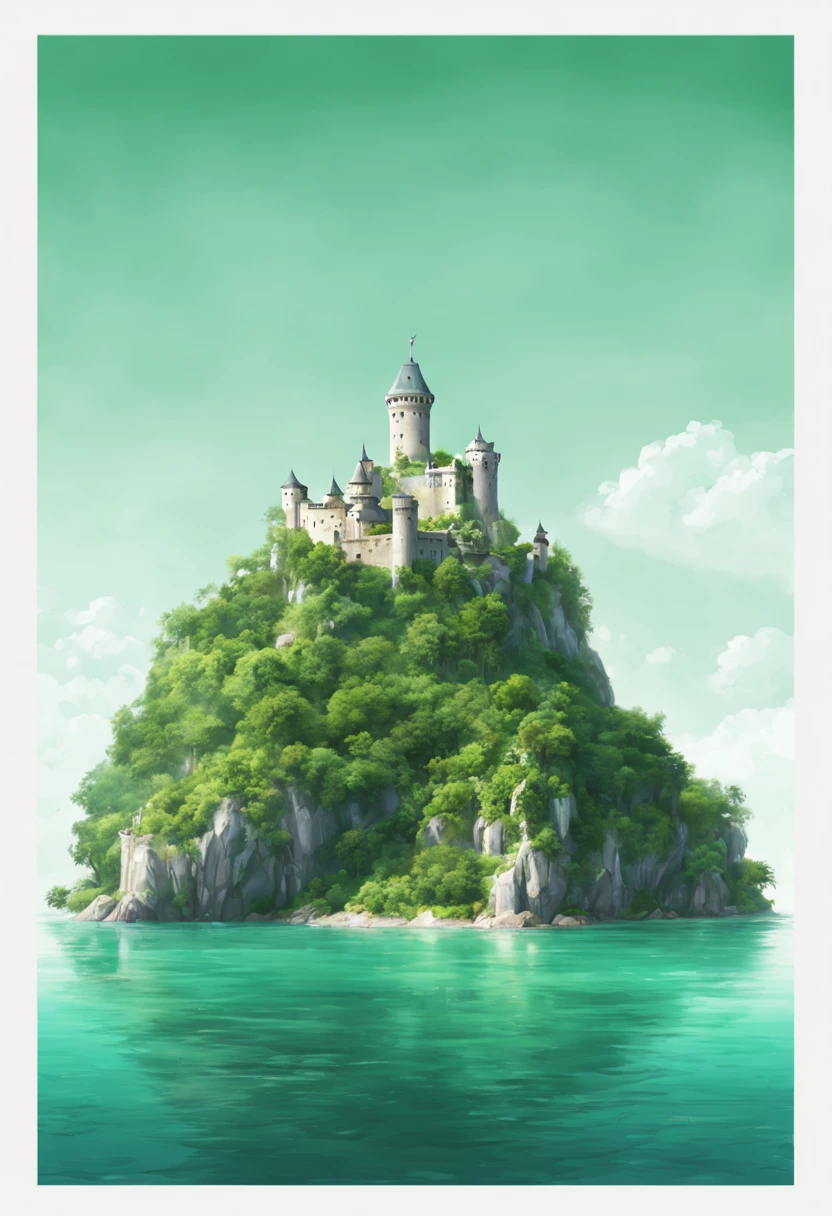 An isolated island in the middle of the sea, a single castle, painted in white and green, a magnificent appearance, a cloudless sky, an azure sea, images of the highest quality.