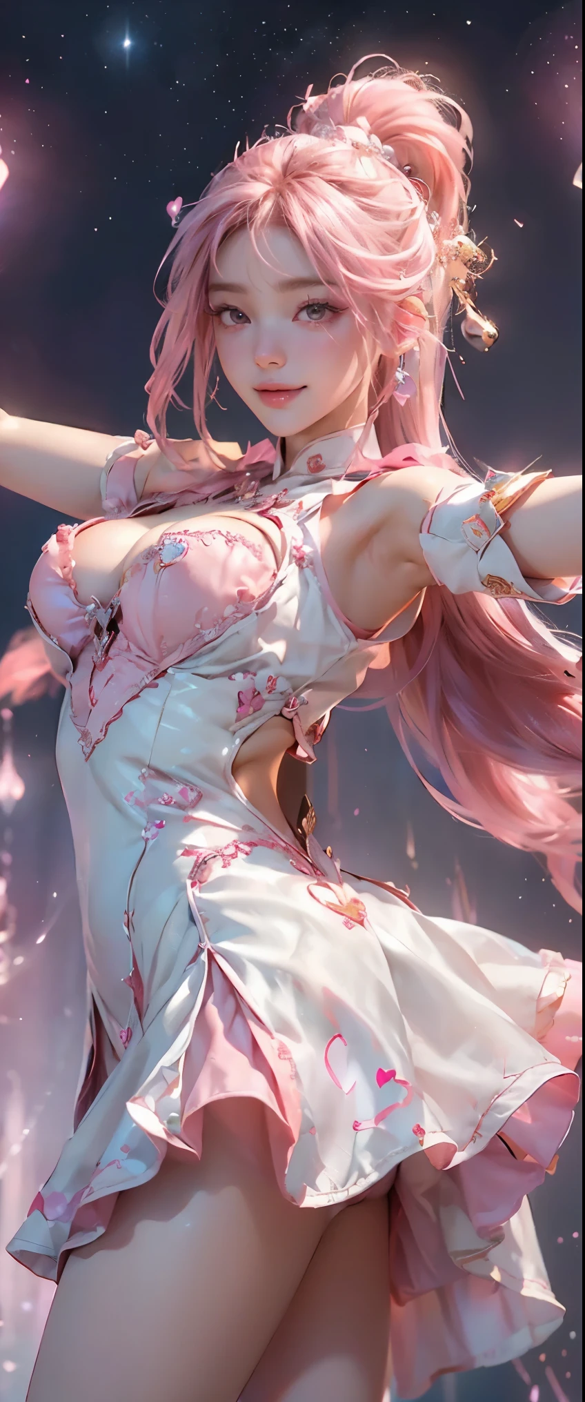 masterpiece、detailed、16K、shiny skin、1girl、(magical girl flying in the night sky)、(Holding a magic wand:1.3)、Are standing、big breasts、(cleavage)、big ass、(thigh focus)、pink long blonde、ponytail、brown eyes、(非常にdetailedな目と顔)、Accurately drawn face、(intricate pink and white dress)、Layer Dresses、super mini skirt、(I can see your butt)、white leather knee high boots、vivid contrasting colors、intricately designed details、(best ratio　1 thumb、Refers to 4 books:1.3)、(heart shaped pink effect:1.5)、(dynamic pose)、(Ghost Smile)、(open your arms:1.5)、(Sparks dance in the night sky:1.3)、