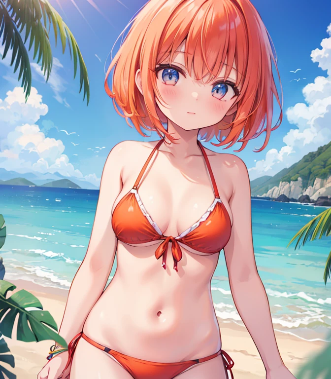 (masterpiece, high quality, high resolution, absurd, super detailed, High saturation、8k),real,,(bikini:1.5),3 girls on the beach:1.2,ゆり、beautiful eyes、((one with pink hair)), ((another girl with orange hair at shoulder height)), ((another girl with short blue hair)) (three girls on the beach)