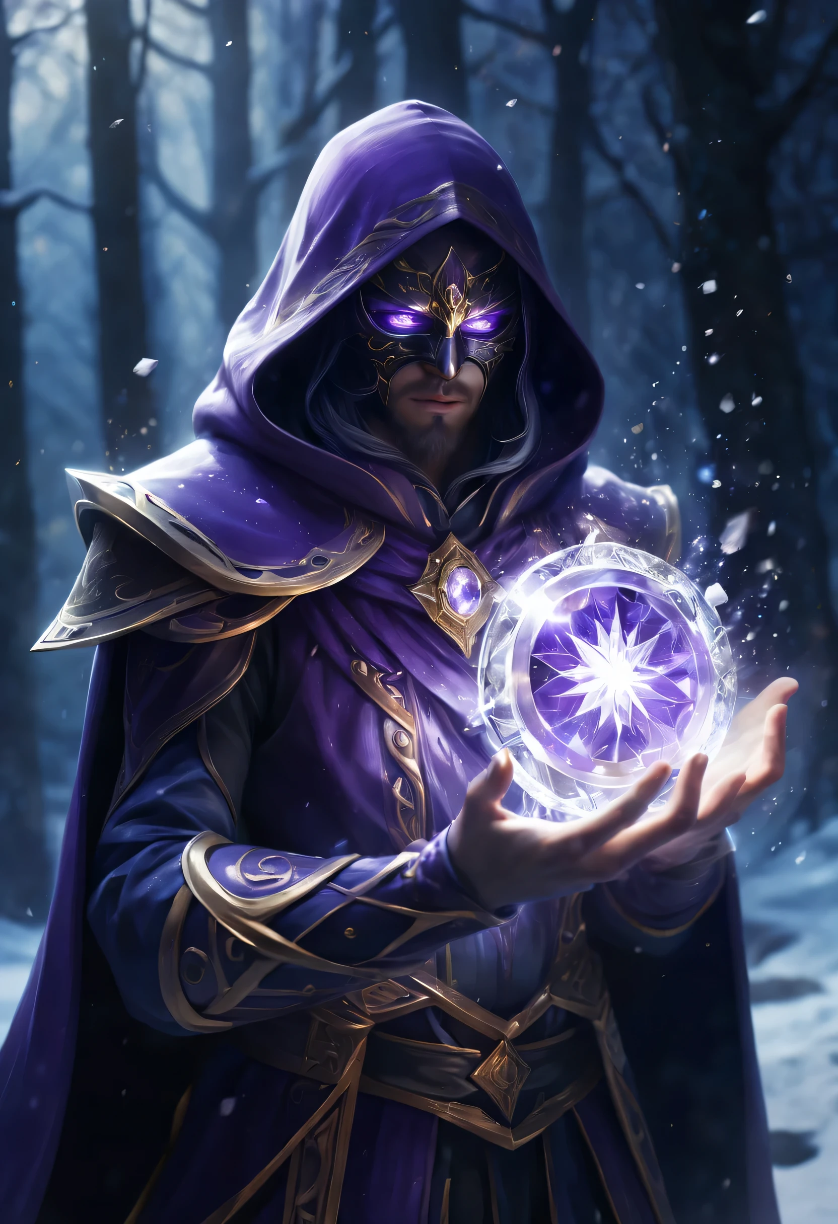 super detailed,(lifelike,照片lifelike,The photos are real:1.37),in the darkness,Masked Mage,Magic summoning,Holding a popsicle in his hand,crystal shield,美丽的crystal shield,Metallic,Shattered glass fragments,motion blur,high speed photography,sparkling,Snow purple fantasy art,