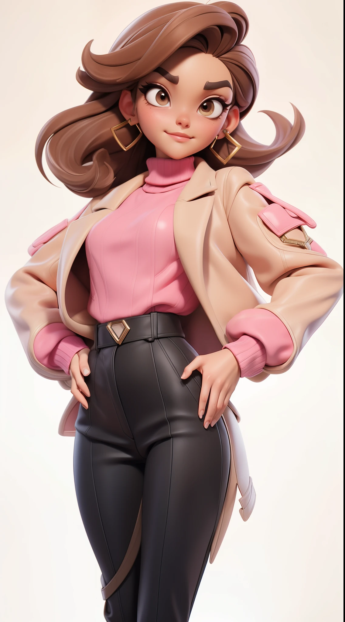 3d character model,brown hair,pink turtleneck,Beige coat,Black suit pants,Metal diamond earrings ,hands on hips,16k,Exquisite detail drawing,Ultra-clear details,A masterpiece