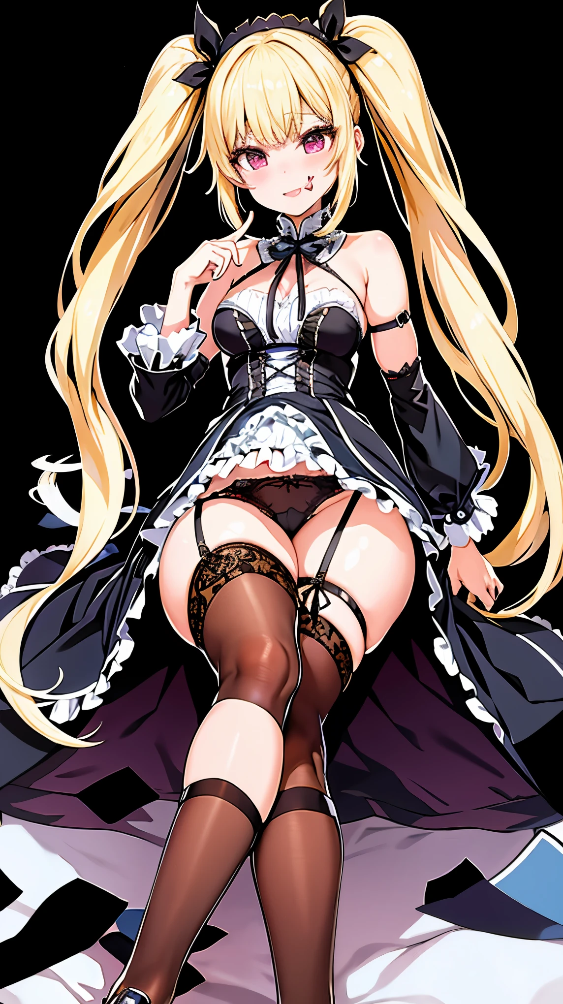 (highly detailed),(ultra-detailed),(best quality),(masterpiece),(fantasy style),twintails,gothic_ta,thighhighs,black ribbon,((((mesugaki)))),ojousama,seductive smile,smug,tongue out,(middle_finger),tongue,(crossed_legs),(small breasts),leg_garter,(from below)
