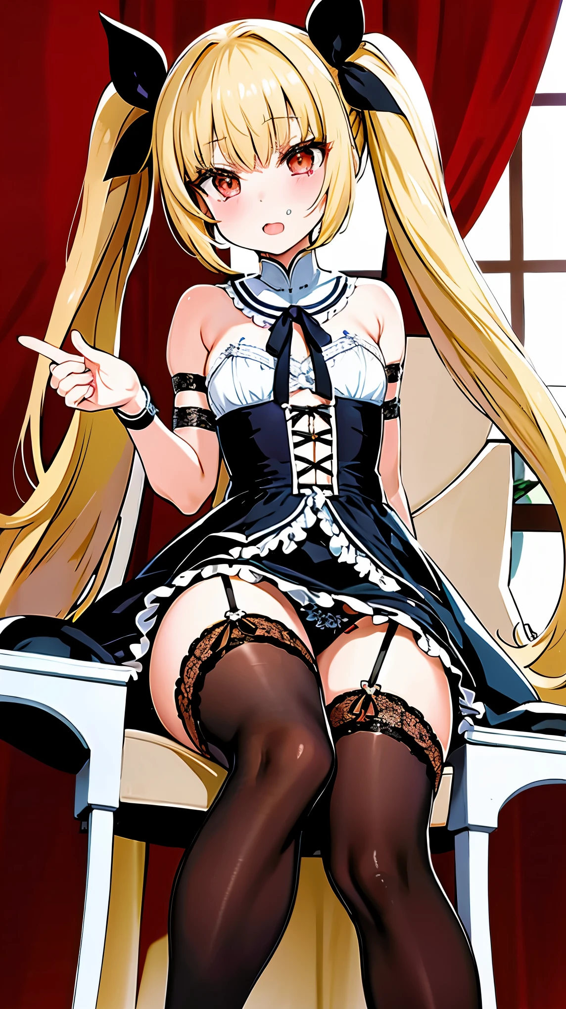 (highly detailed),(ultra-detailed),(best quality),(masterpiece),(fantasy style),twintails,gothic_lolita,thighhighs,black ribbon,((((mesugaki)))),ojousama,seductive smile,smug,tongue out,(middle_finger),tongue,(crossed_legs),(small breasts),leg_garter,(from below)