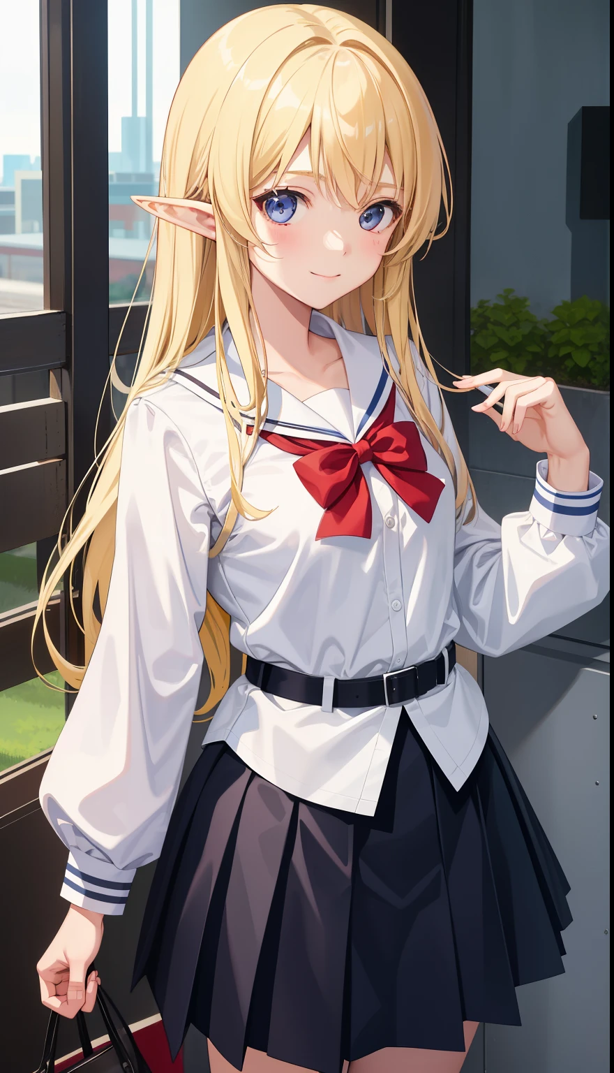 1 girl、AS-Adult、smile、high school student、uniform、Serafuku、skirt、(small breasts)(small breasts)、(upper body portrait)、、blonde、elf、