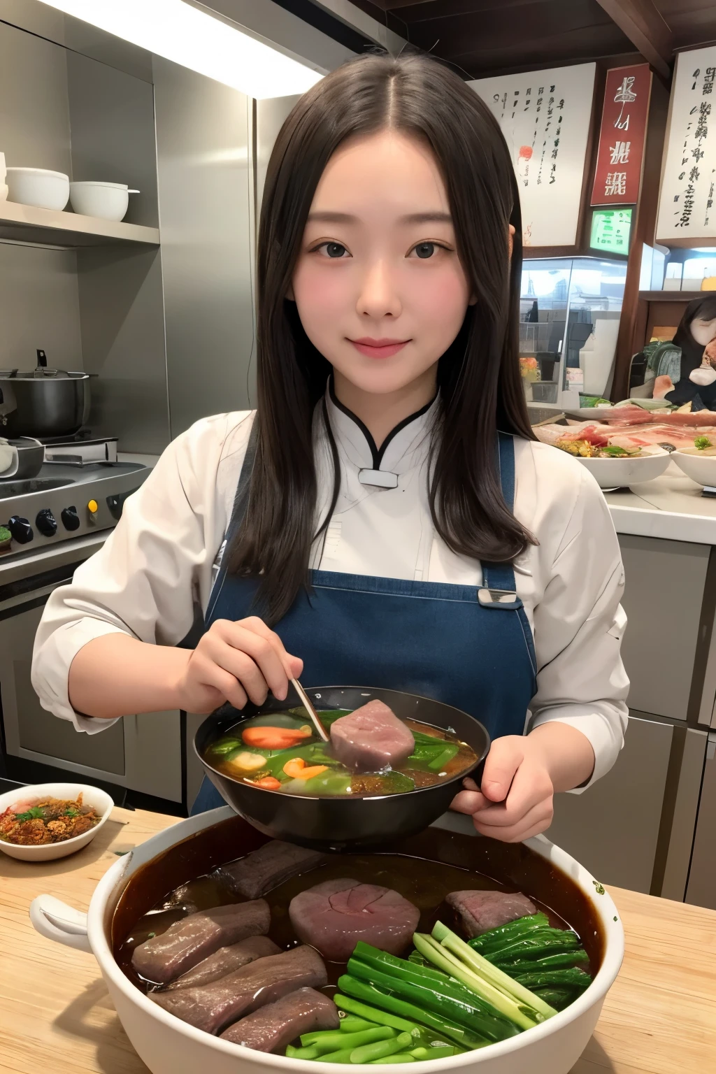 best quality，a girl，Detailed face，There is a Chinese hotpot in the front，Fat cattle，lamb leg，Green vegetables，Meat on the table