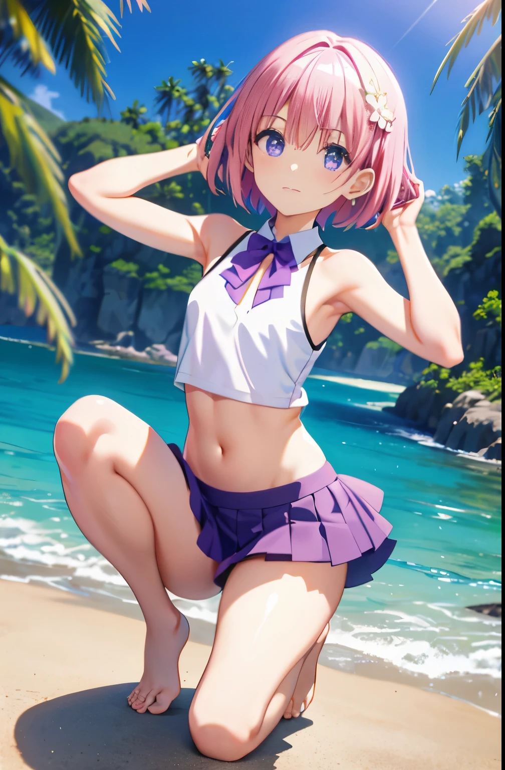 PH Momo, momohd, Promomo, alone, 1 woman, pink hair, purple eyes, Short hair, hair flower, masterpiece, best quality, mackerel, 1 woman, alone, canine, skin canine, Short hair, (Mole on the thigh:0.8), forehead, hair behind the ear, purple eyes, headdress, dehisce, Beach, laugh, squatting, , short stature, , flat chest, small, split, ((bare shoulders)), Exposed, loose shirt, navel, Armpit Announcement