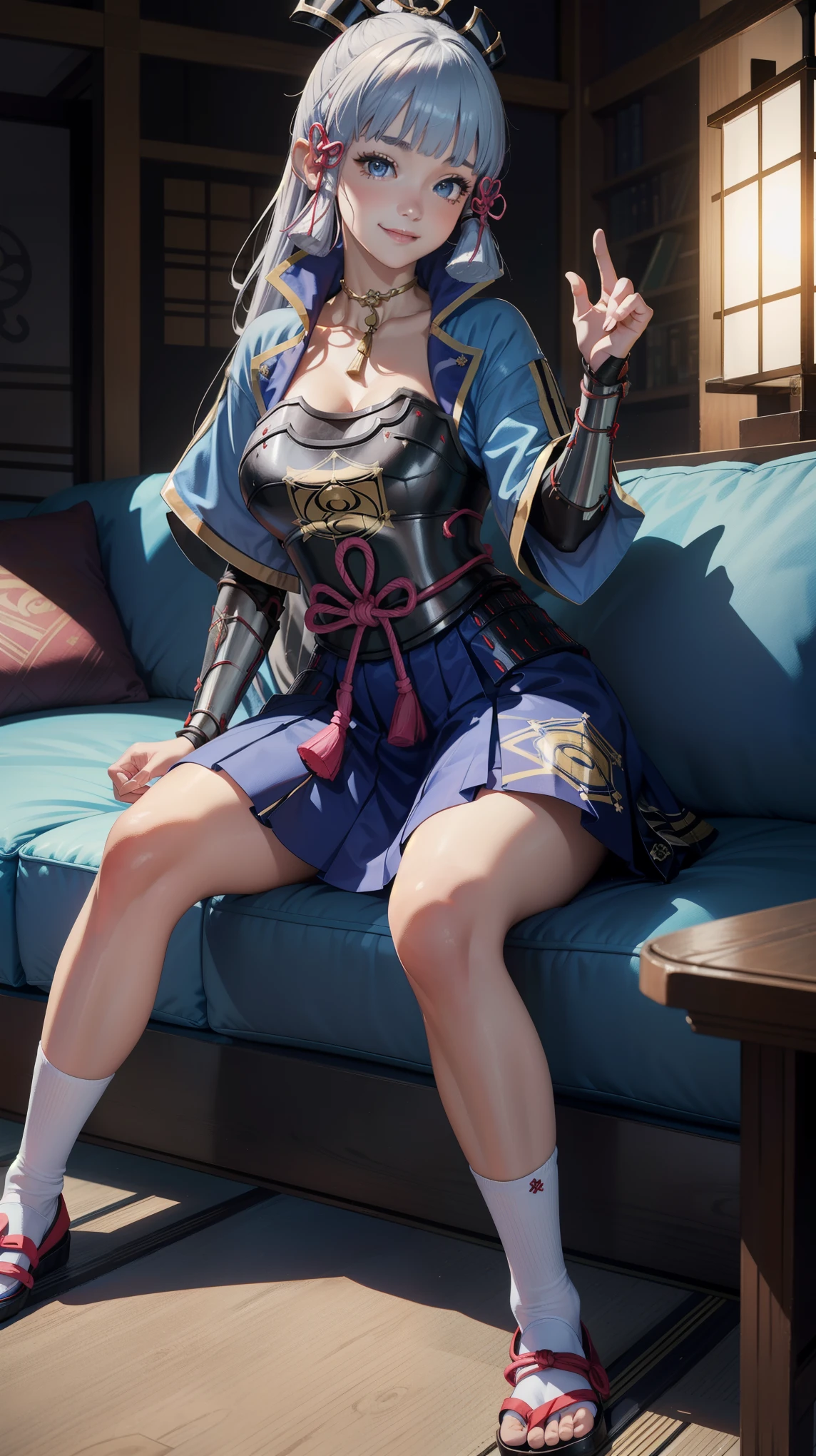 Masterpiece, high quality, 8k, ultra detail, 1 girl, (dynamic poses), ((kamisatoayakadef)), sitting, sofa, huge breast, smile