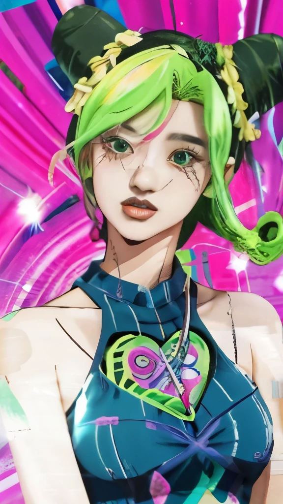 a drawing of a woman with a green hair and a blue top, jojo anime style, rossdraws cartoon vibrant, decora inspired illustrations, 8 0 s anime art style, rossdraws pastel vibrant, anime art style, 9 0 s anime art style, artgerm colorful!!!, anime artstyle, anime style artwork, beautiful anime art style, anime vibes