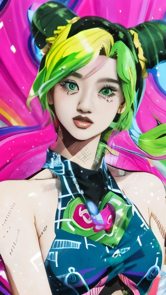 a drawing of a woman with a green hair and a blue top, jojo anime style, rossdraws cartoon vibrant, decora inspired illustrations, 8 0 s anime art style, rossdraws pastel vibrant, anime art style, 9 0 s anime art style, artgerm colorful!!!, anime artstyle, anime style artwork, beautiful anime art style, anime vibes