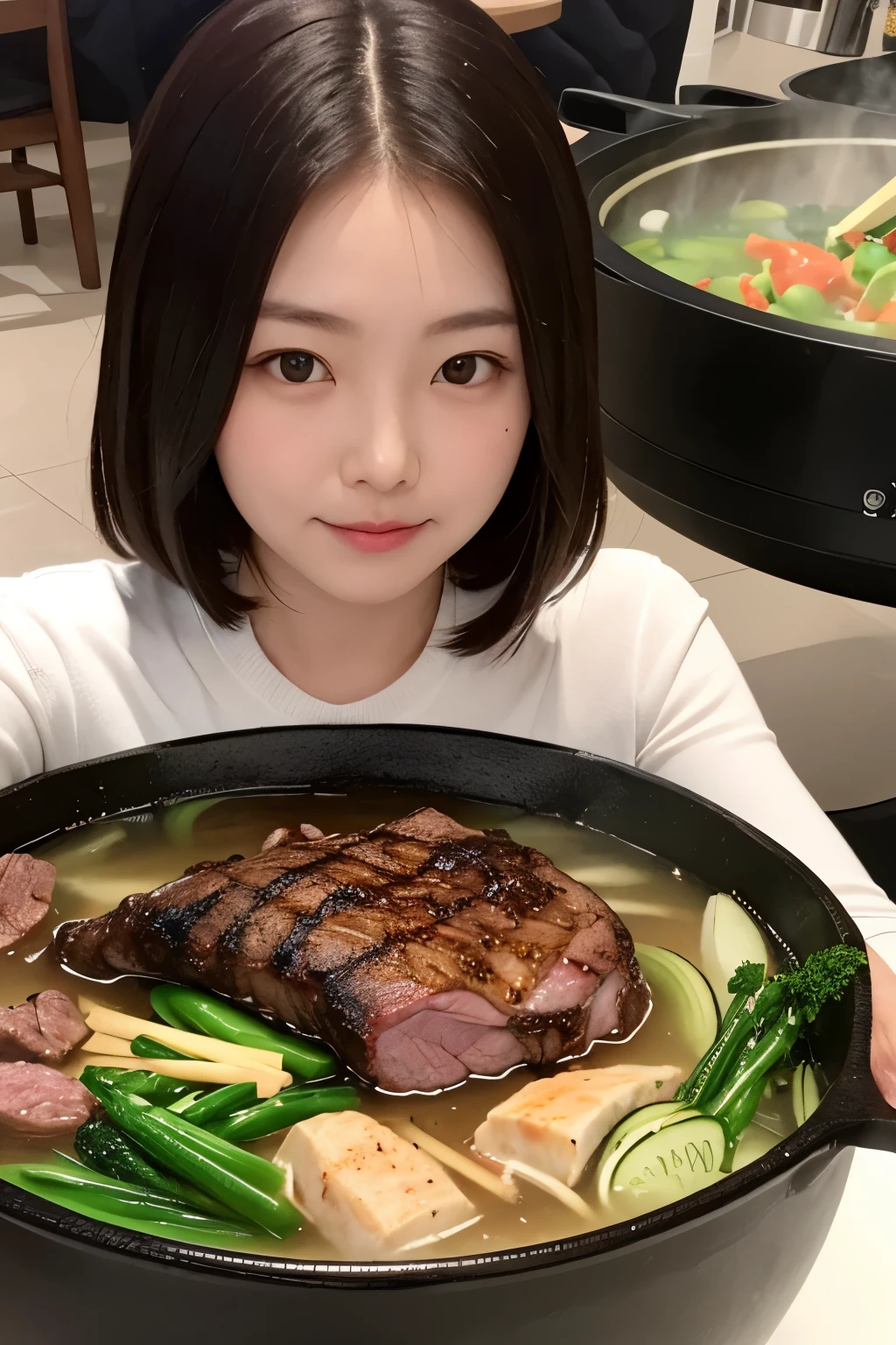 best quality,a girl,Detailed face,There is hot pot in front,Fat cattle,lamb leg,Green vegetables,Meat on the table