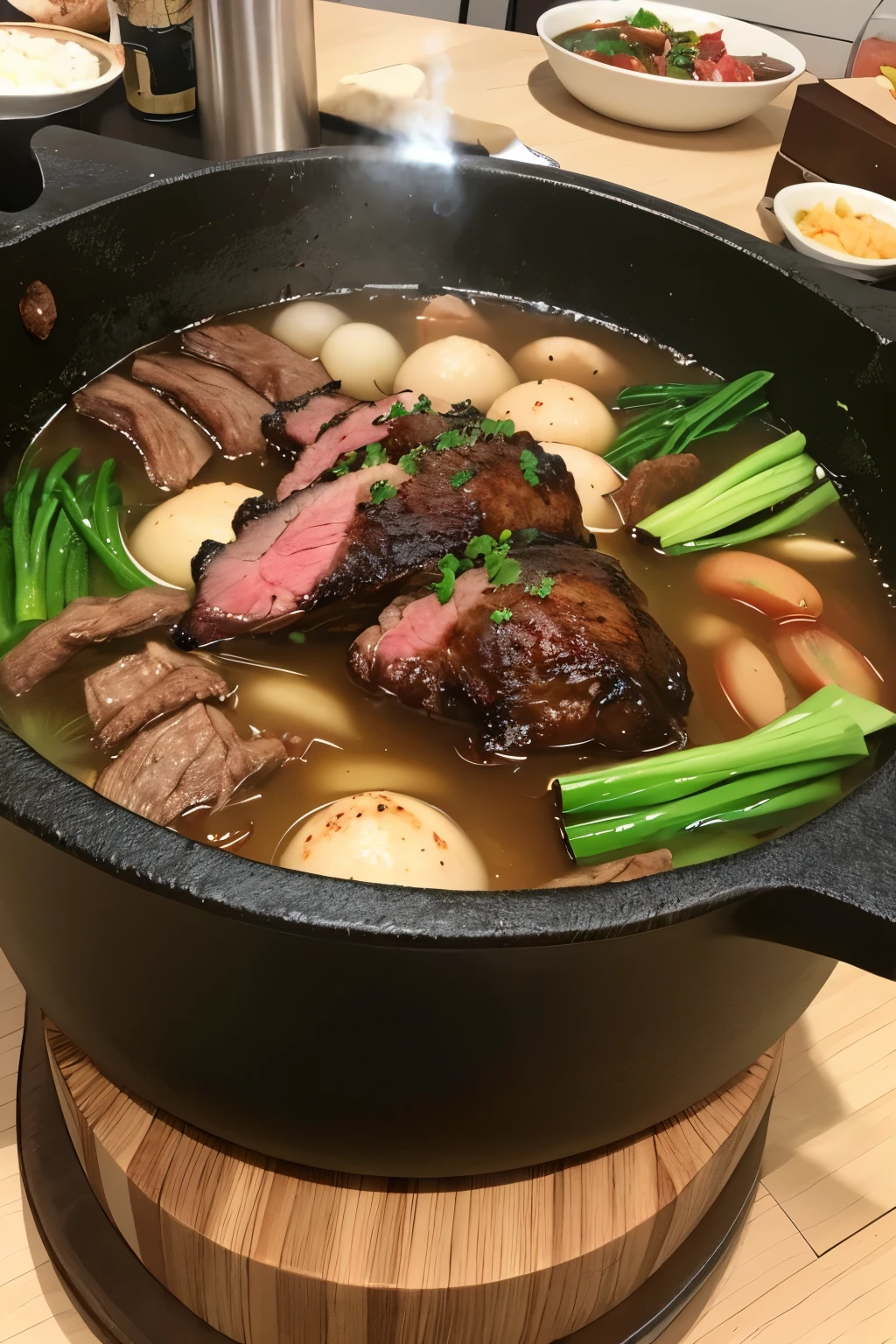 best quality，a girl，Detailed face，There is hot pot in front，Fat cattle，lamb leg，Green vegetables，Meat on the table