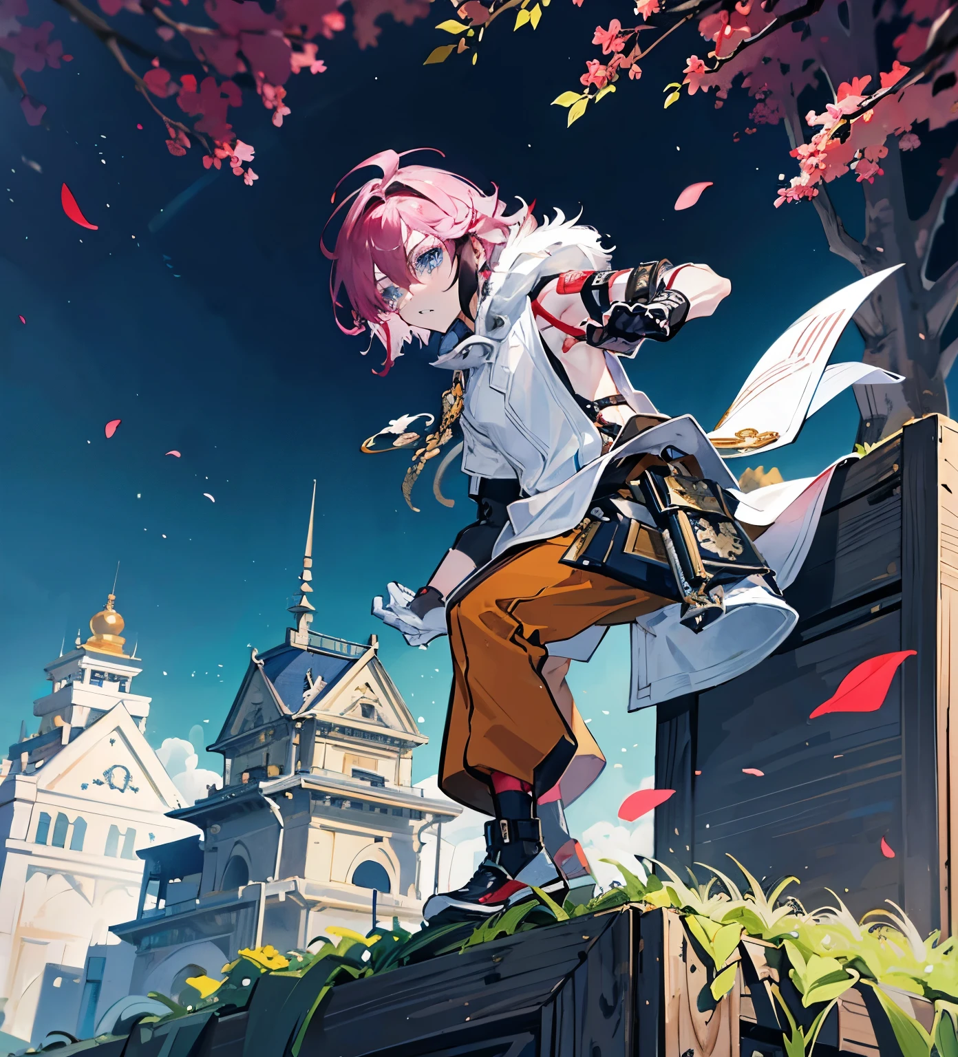 1girl, (animal ears), autumn, autumn leaves, blurry, blurry background, burning, burnt clothes, braid, floating hair, headband, pink hair, multicolored hair, golden eyes, glowing eyes, pink tail, (one tail:1.2), cat tail, cloud, depth of field, dusk, embers, evening, falling leaves, ginkgo leaf, gradient sky, leaves in wind, long sleeves, maple leaf, mountain, nature, stream, orange sky, orange theme, outdoors, pyrokinesis, red sky, reflection, ripples, scenery, sky, solo, standing, standing on liquid, sun, sunset, torch, tree, twilight, walking on liquid, water, waterfall, wind