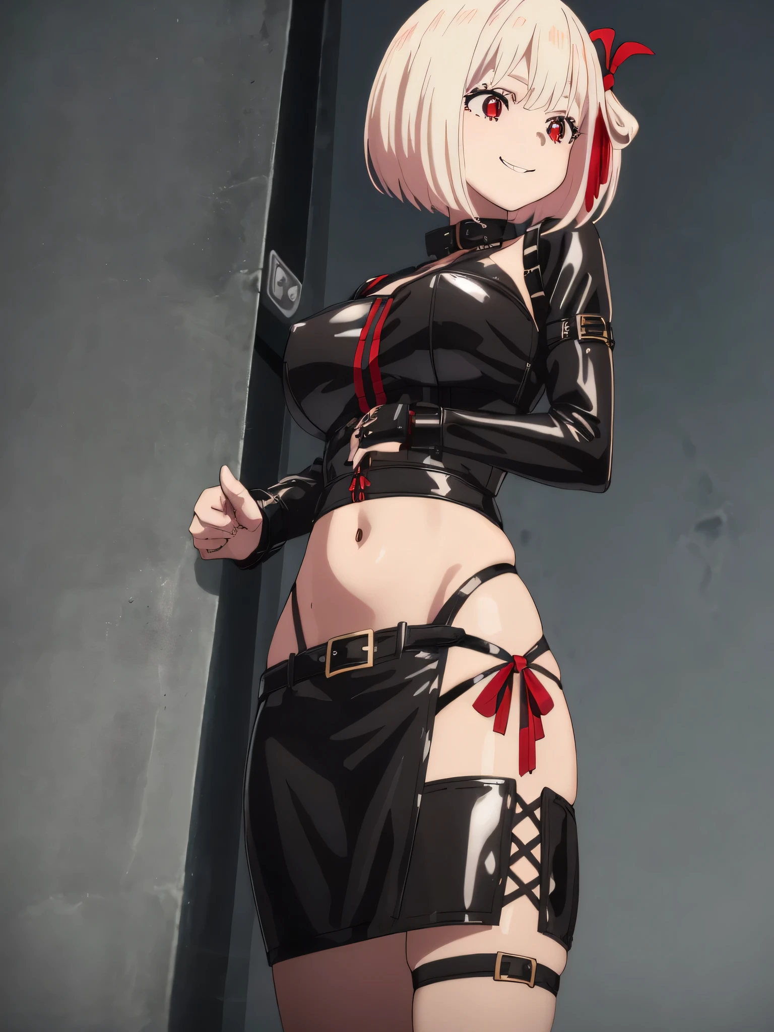 best image quality、high quality、girl,bondage、、belly button、Clothes made of enamel material, Gothic clothes, All black cyberpunk clothes, black leather slim clothes, goth style, sexy style, cruel korean goth girl, very sexy outfit, witch core clothing, gothic costume, Wearing a black latex costume, fantasy leather clothing, Gothic clothes、黒のbondage、Miss SM、have a whip、torture chamber、view from below、Stepped on with your feet、Composition of being kicked、smile、Bokeh, written boundary depth, blurred background, Senzoku Nishikigi、Blonde short bob、red eyes、red ribbon