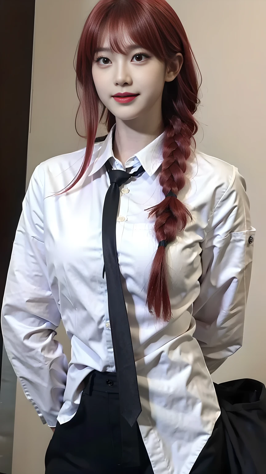 best quality, natural lighting, masterpiece, 1 girl, perfect beautiful face, (photo photo:1.3), edge lighting, photography lighting, (high detail skin:1.2), 8k ultra hd, DSLR, high quality, high resolution, white skin, detailed textured skin, 3/4 body in frame, sexy posing, poker face, close-lip, perfect propotion face, symetric face, eye level shot, 4k, 8k, bokeh, absurd, best ratio four fingers and one thumb, (realistic:1.3), beautiful detailed girl, cute 1girl, red hair, long hair, bangs, volume hairs, collosal-breast, full looking breast, projecting breast, slim waist, slender, small thighs, perfectly proportion, outdoor background, detailed background, trees, clouds, makima, long hair, smile, bangs, (yellow eyes:1.2), braid, red hair, braided ponytail, ringed eyes, shirt, long sleeves, white shirt, collared shirt, pants, (black pants:1.2), formal, suit, black necktie, (shirt tucked in:1.2), office lady, braid, braided ponytail, long hair, makima, (black necktie:1.2), red hair, yellow eyes, white shirt, (hands behind back:1.1), thighs in frame, black pants