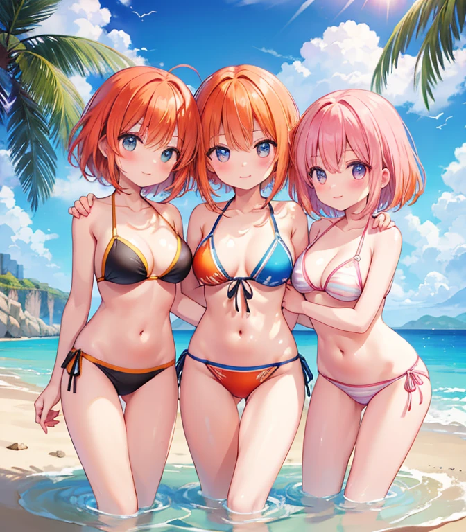 (masterpiece, high quality, high resolution, absurd, super detailed, High saturation、8k),real,,(bikini:1.5),(3 girls on the beach:1.2,ゆり)、cute face、beautiful eyes、((one with pink hair)), ((another girl with orange hair at shoulder height)), ((another girl with short blue hair)) (three girls on the beach)