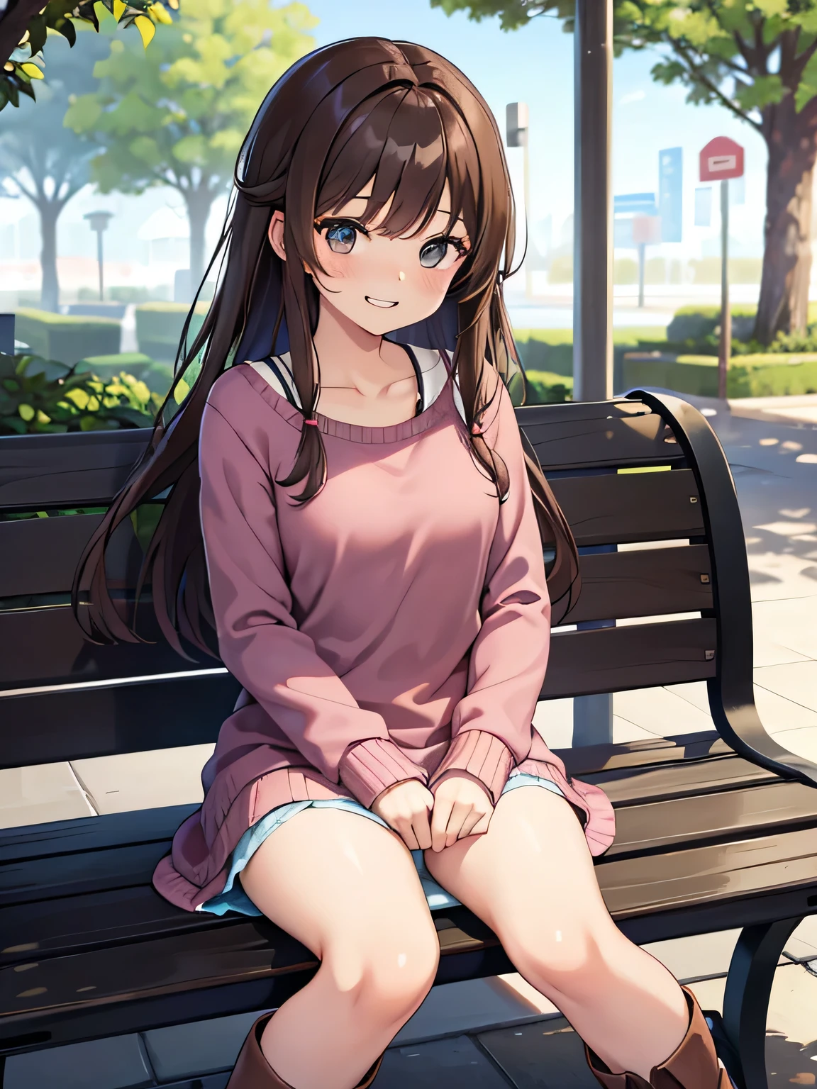 (1) A woman is squatting with both knees on the floor, towards us, Her light blue panties are almost visible.
(2) The woman is wearing a long-sleeved dress、wearing a very short red miniskirt and brown boots。.
(3) Women have long brown hair.
(4) The look on her face is a grinning one..
(5) The place is a shopping mall.