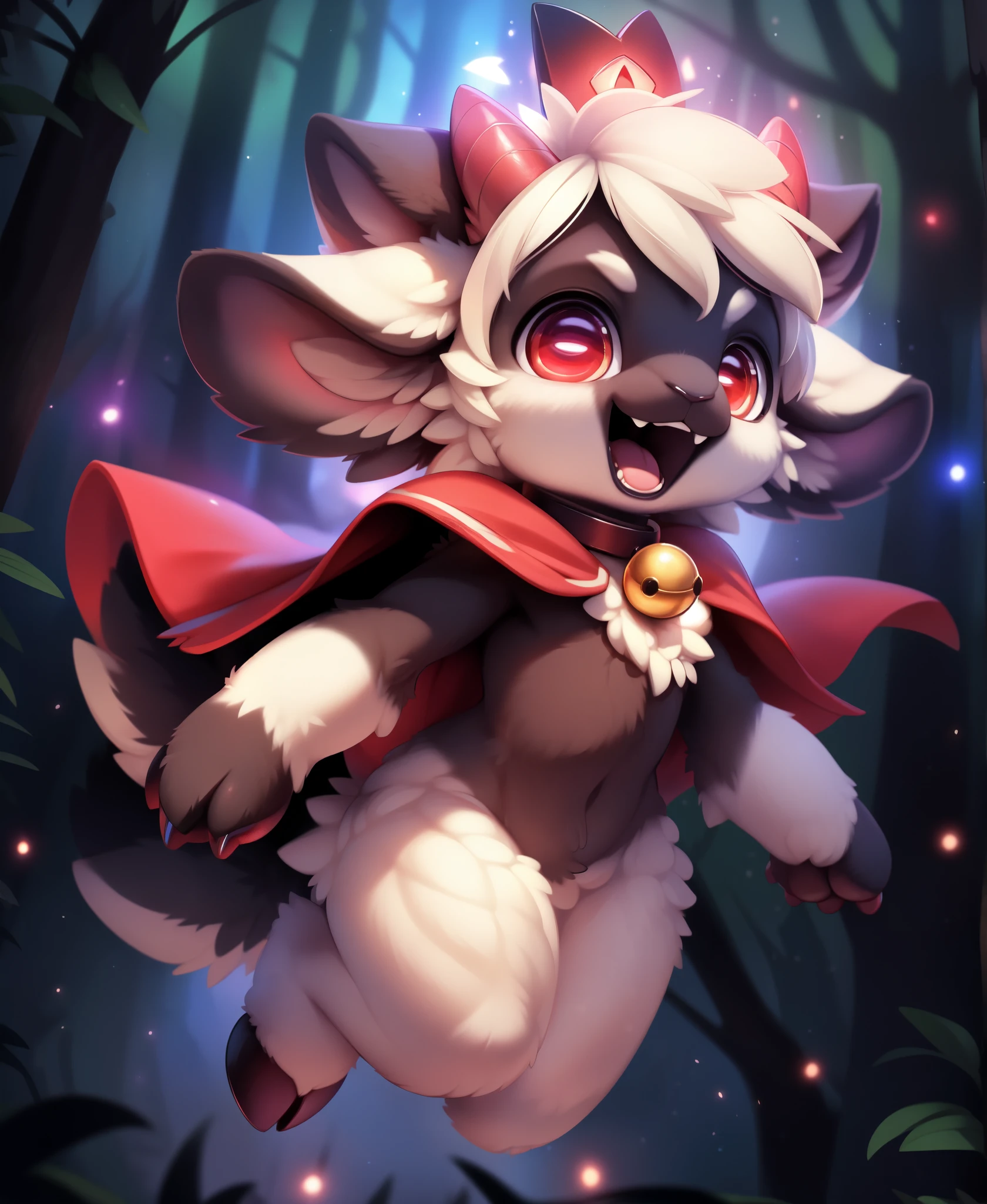 female anthro sheep, sheep girl, cute-fine-face, ultra cute face, cute, flat chest, small breasts,
glossy black skin, shiny white wool, glossy black fur,
((floating)), in the air, triumphant pose, ((reflective eyes)), expressive eyes, detailed big hands, 
red crown, golden bell collar, detailed red cape, (horizontal pupils), red eyes, glossy black horns, glossy wool,
(breast wool), furry crotch, leg wool, arm wool,
evil laugh, triumphant pose, open mouth, flirty, fangs, tongue,
low angle, depth of field, three-quarter view, 
uploaded on e621, by dagasi, by loimu, by hioshiru, by silverfox5213, by darkgem, (by carrot:0.4), 
fapuclaws, fapuhooves,
dark background, dark forest, midnight, cosmos,
detailed background, Ray tracing, concept art, highly detailed, ((masterpiece)), ((best quality)) cinematic composition, ultra realistic, (high detail:1.3), sharp focus,