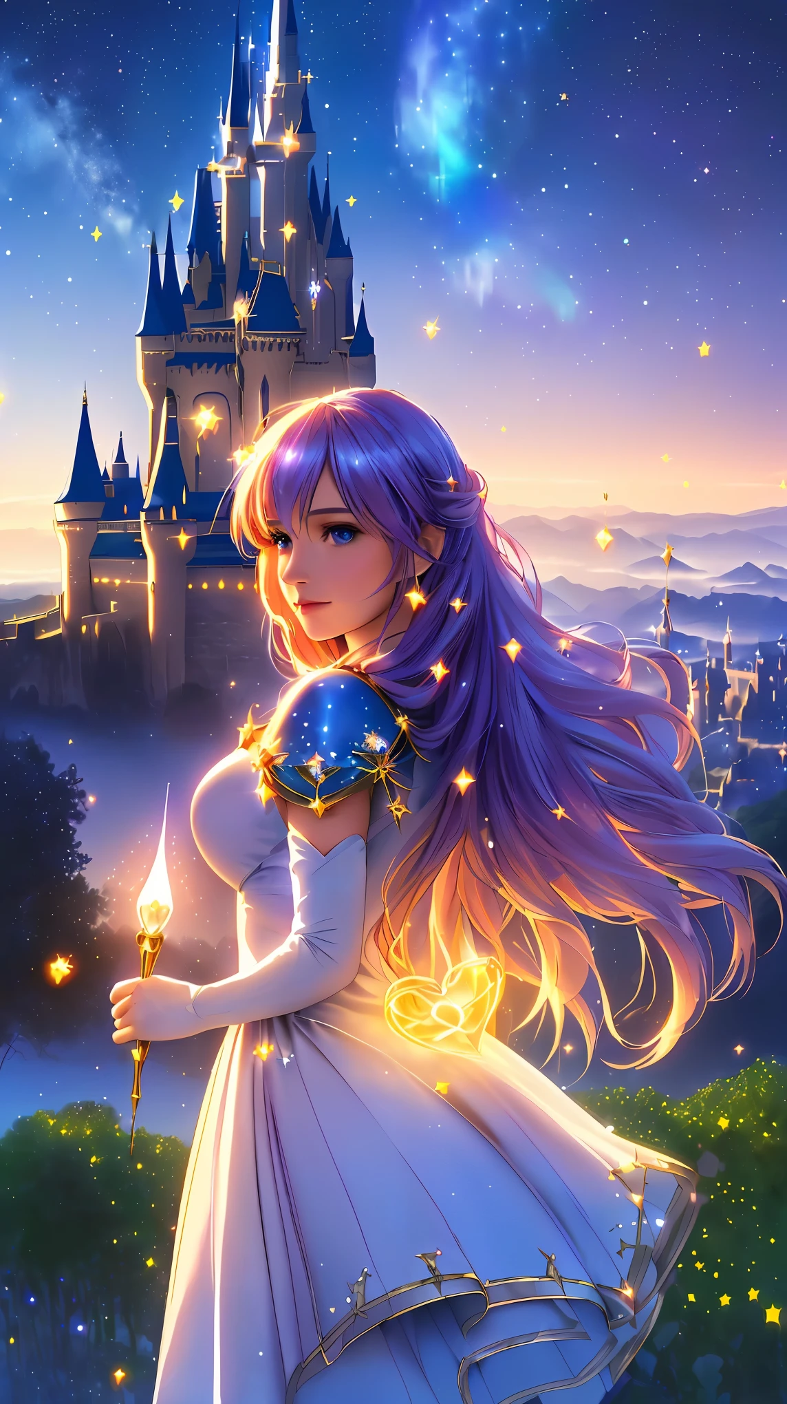 Fantastical starry sky, magical girl waving her magic wand, illuminating the world, warming hearts, starry castle, sense of mystery, fairy tale story, (best quality, 4k, 8k, highres, masterpiece:1.2), ultra-detailed, (realistic, photorealistic, photo-realistic:1.37), enchanting night, (heartwarming glow:1.1), (magical aura:1.1), (whimsical charm:1.1), (celestial beauty:1.1), (wonder and magic:1.1), (fairy tale come to life:1.1), (mystical castle:1.1), (whispers of magic:1.1), (luminous grace:1.1), (dreamlike allure:1.1), (spellbinding adventure:1.1), (twinkling stars:1.1), (ethereal presence:1.1), (inspiring hope:1.1), (guardian of light:1.1), (fantasy realm:1.1), (enchantress of the night:1.1), (mythical enchantment:1.1), (heart of magic:1.1), (fabled narrative:1.1)