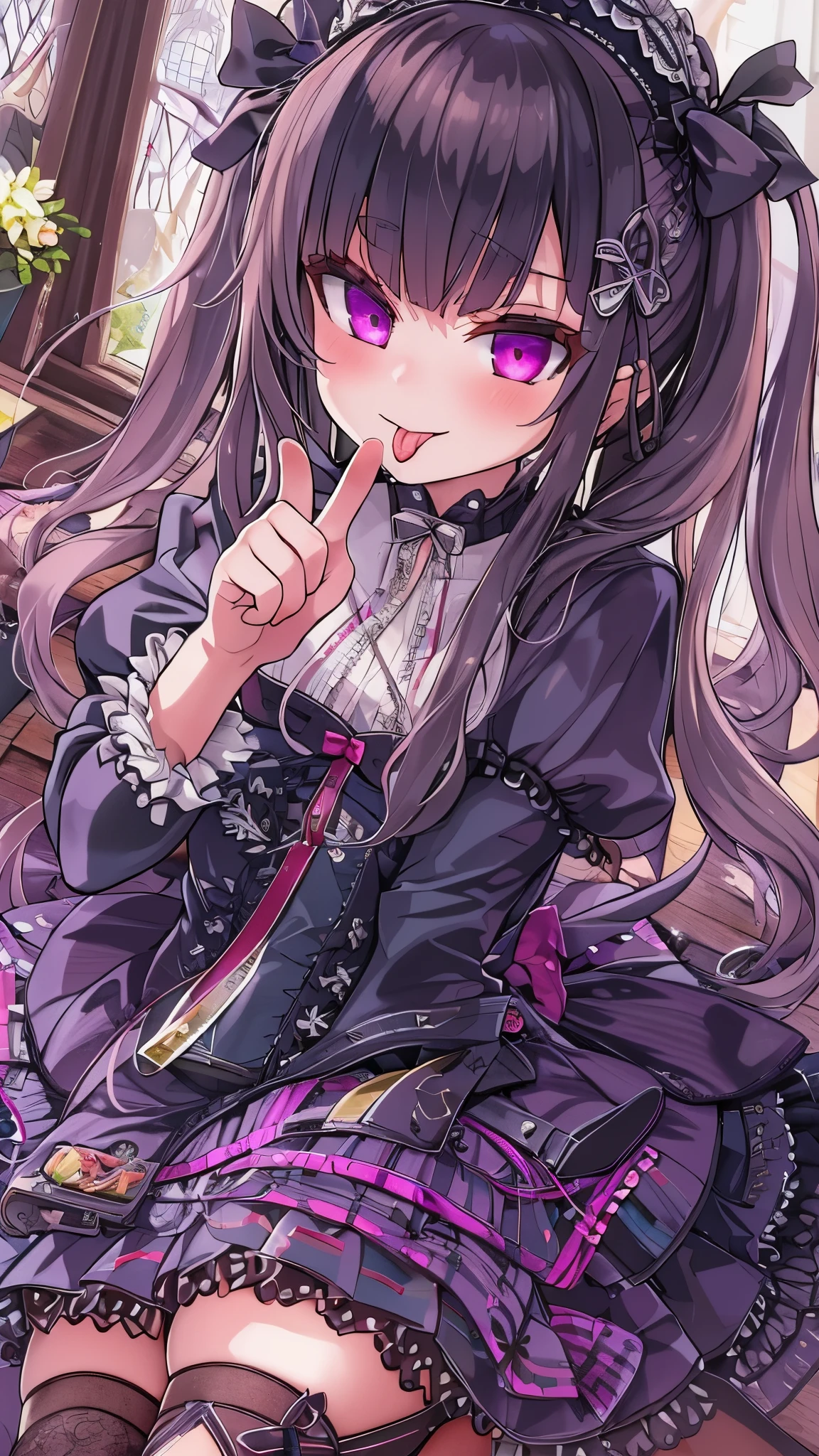 (highly detailed),(ultra-detailed),(best quality),(masterpiece),(fantasy style),twintails,gothic_ta,thighhighs,black ribbon,((((mesugaki)))),ojousama,seductive smile,smug,tongue out,(middle_finger),tongue,(crossed_legs),(small breasts),leg_garter,(from below)