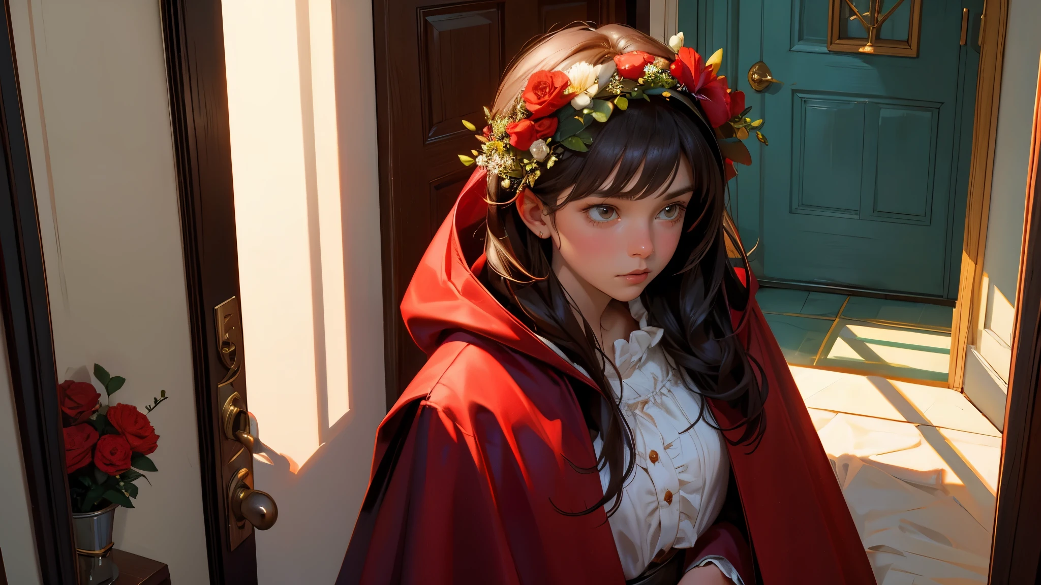 A girl in a red cloak arrives at her grandmother's house with a bouquet of flowers and knocks on the door. Greg answers in the voice of his grandmother and says to come to you. The girl opens the door and enters. He sees that the grandmother is in bed with the blanket pulled over her head. He goes to her and talks to her. He realizes that something is not right and suspects Greg.