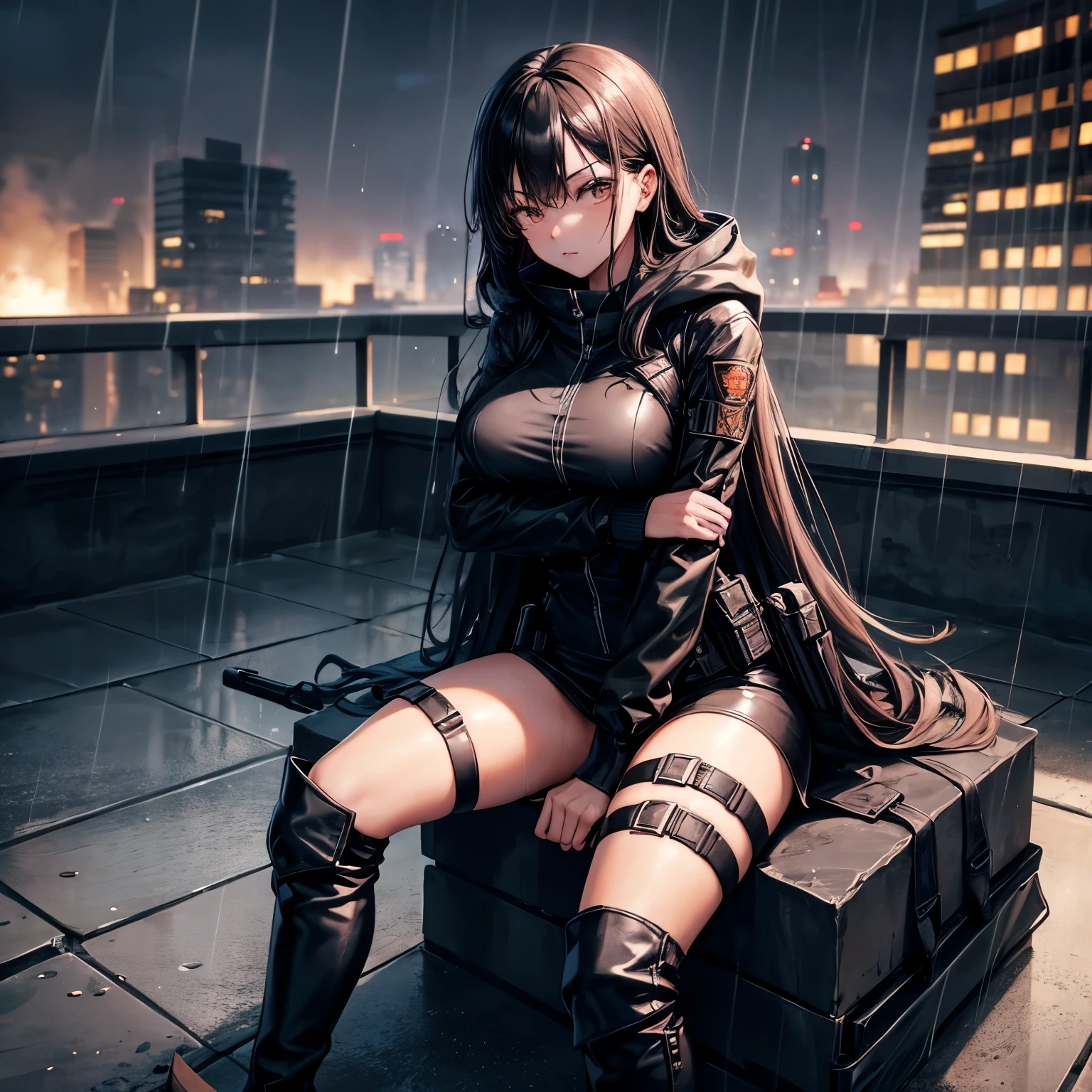 nonsense, height, Maximum details. sexy beautiful woman Carrying a gunman rifle, Black clothing with a long hood, brown eyes, long hair, night vision, rooftop, gunman, Sitting sniping in the rain, wet from the rain, black thigh bags, black boots.