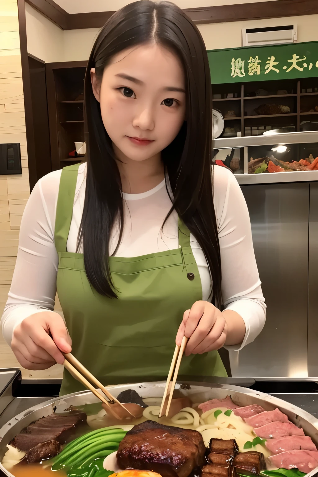 best quality，a girl，Detailed face，There is hot pot in front，Fat cattle，lamb leg，Green vegetables，Meat on the table