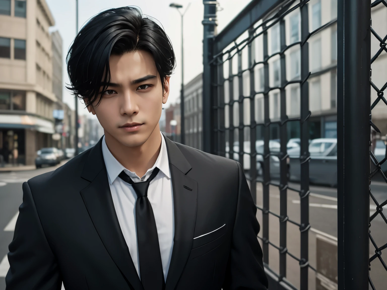 1boy,black hair,high street,Chain link fence, He looks handsome in a suit and is so poor that he can’t afford a necklace.