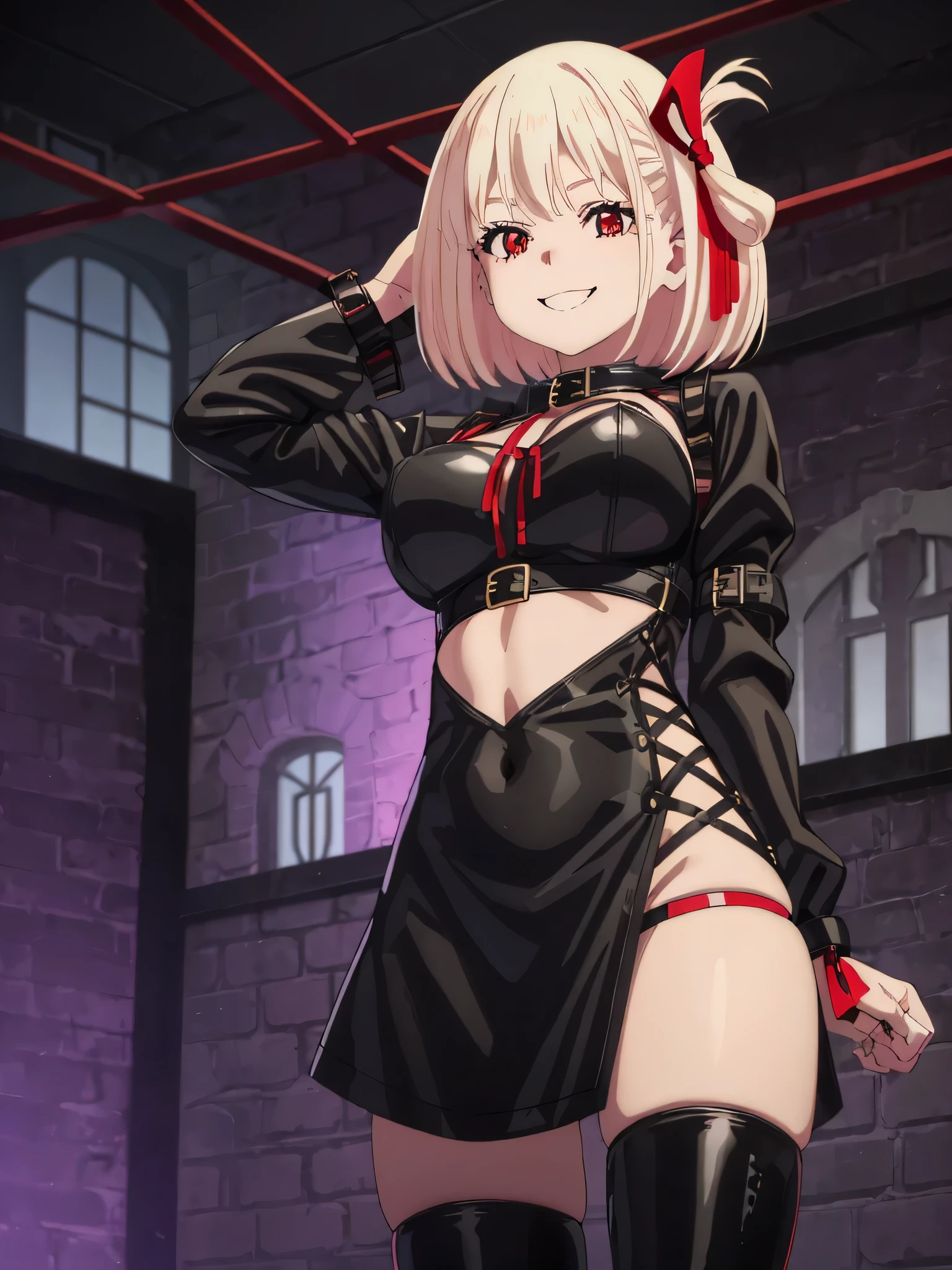 best image quality、high quality、girl,bondage、the smile of、belly button、Clothes made of enamel material, Gothic clothes, All black cyberpunk clothes, black leather slim clothes, Goth girl aesthetics, goth style, sexy style, cruel korean goth girl, very sexy outfit, witch core clothing, gothic costume, Wearing a black latex costume, fantasy leather clothing, Goth aesthetics, Gothic clothes、黒のbondage、Miss SM、have a whip、torture chamber、view from below、Stepped on with your feet、Composition of being kicked、fearless smile、Bokeh, written boundary depth, blurred background, Senzoku Nishikigi、Blonde short bob、red eyes、red ribbon
