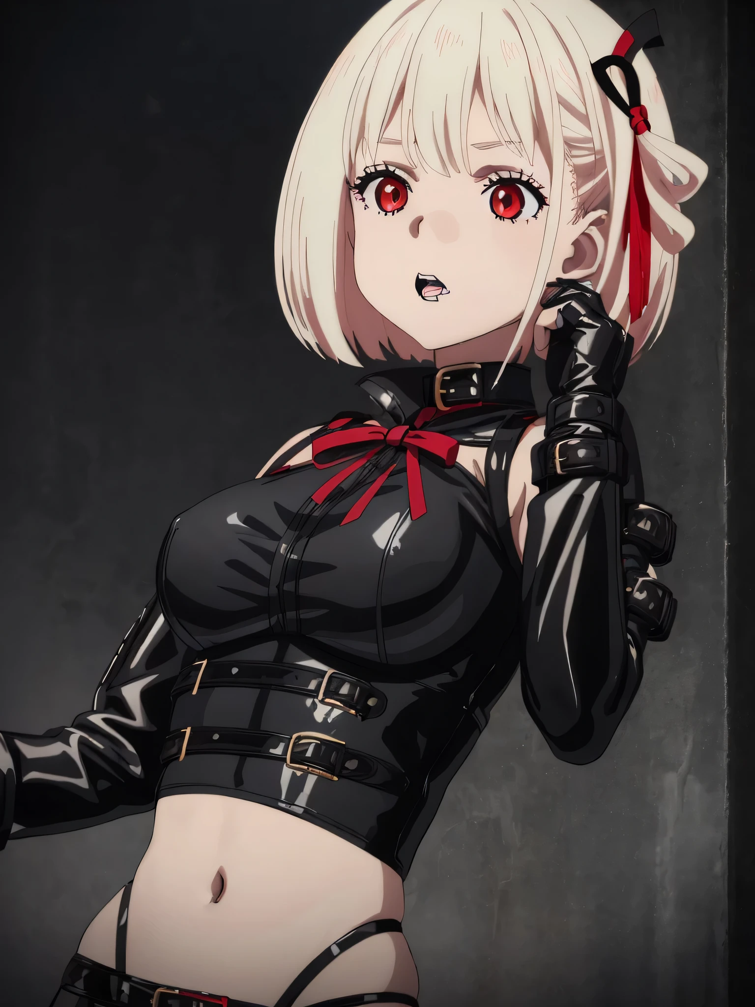 best image quality、high quality、girl,bondage、nervous、belly button、Clothes made of enamel material, Gothic clothes, All black cyberpunk clothes, black leather slim clothes, Goth girl aesthetics, goth style, sexy style, cruel korean goth girl, very sexy outfit, witch core clothing, gothic costume, Wearing a black latex costume, fantasy leather clothing, Goth aesthetics, Gothic clothes、黒のbondage、Miss SM、have a whip、torture chamber、view from below、Stepped on with your feet、Composition of being kicked、Bokeh, written boundary depth, blurred background, Senzoku Nishikigi、Blonde short bob、red eyes、red ribbon