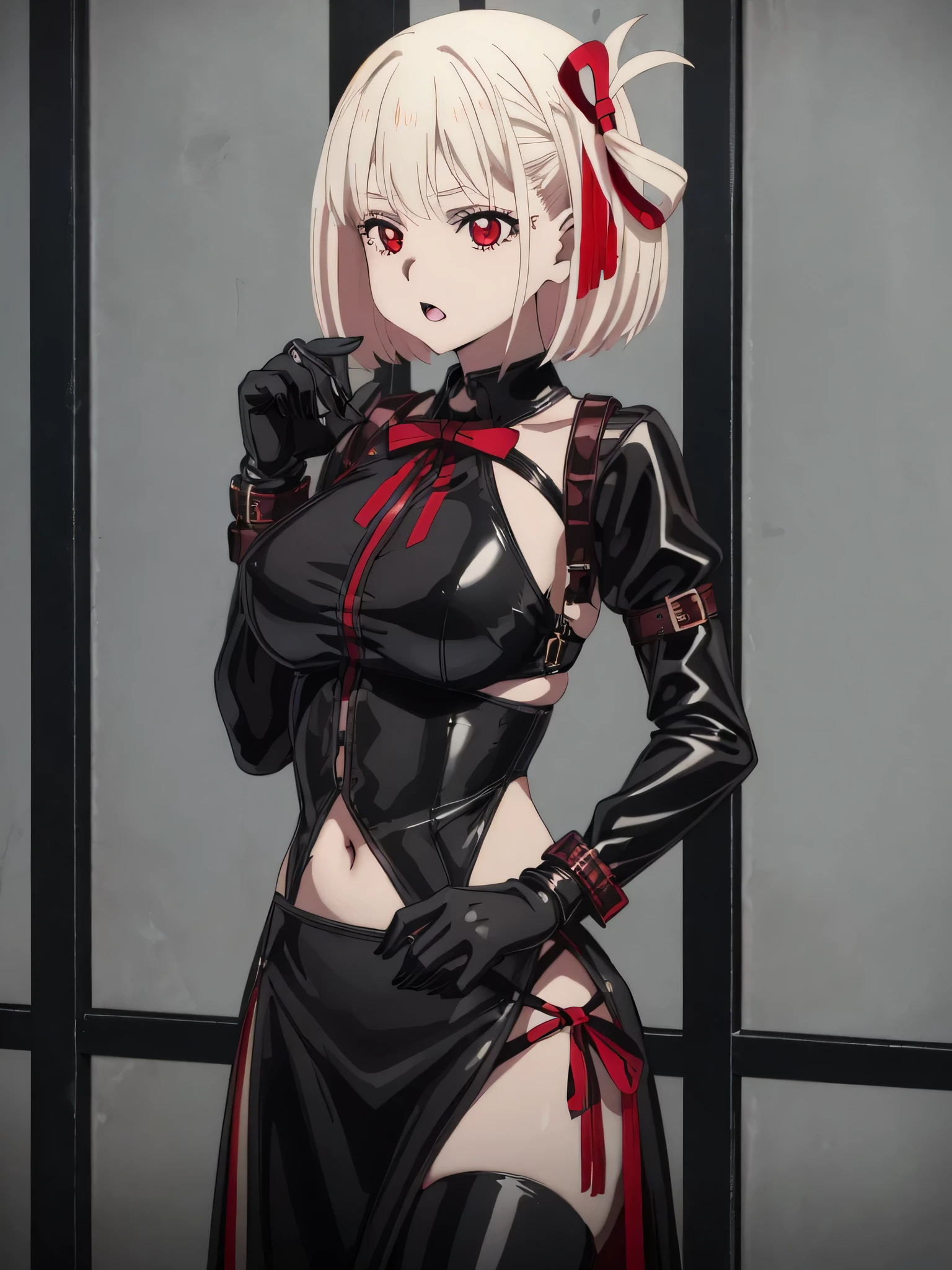 best image quality、high quality、girl,bondage、nervous、belly button、Clothes made of enamel material, Gothic clothes, All black cyberpunk clothes, black leather slim clothes, Goth girl aesthetics, goth style, sexy style, cruel korean goth girl, very sexy outfit, witch core clothing, gothic costume, Wearing a black latex costume, fantasy leather clothing, Goth aesthetics, Gothic clothes、黒のbondage、Miss SM、have a whip、torture chamber、view from below、Stepped on with your feet、Composition of being kicked、Bokeh, written boundary depth, blurred background, Senzoku Nishikigi、Blonde short bob、red eyes、red ribbon