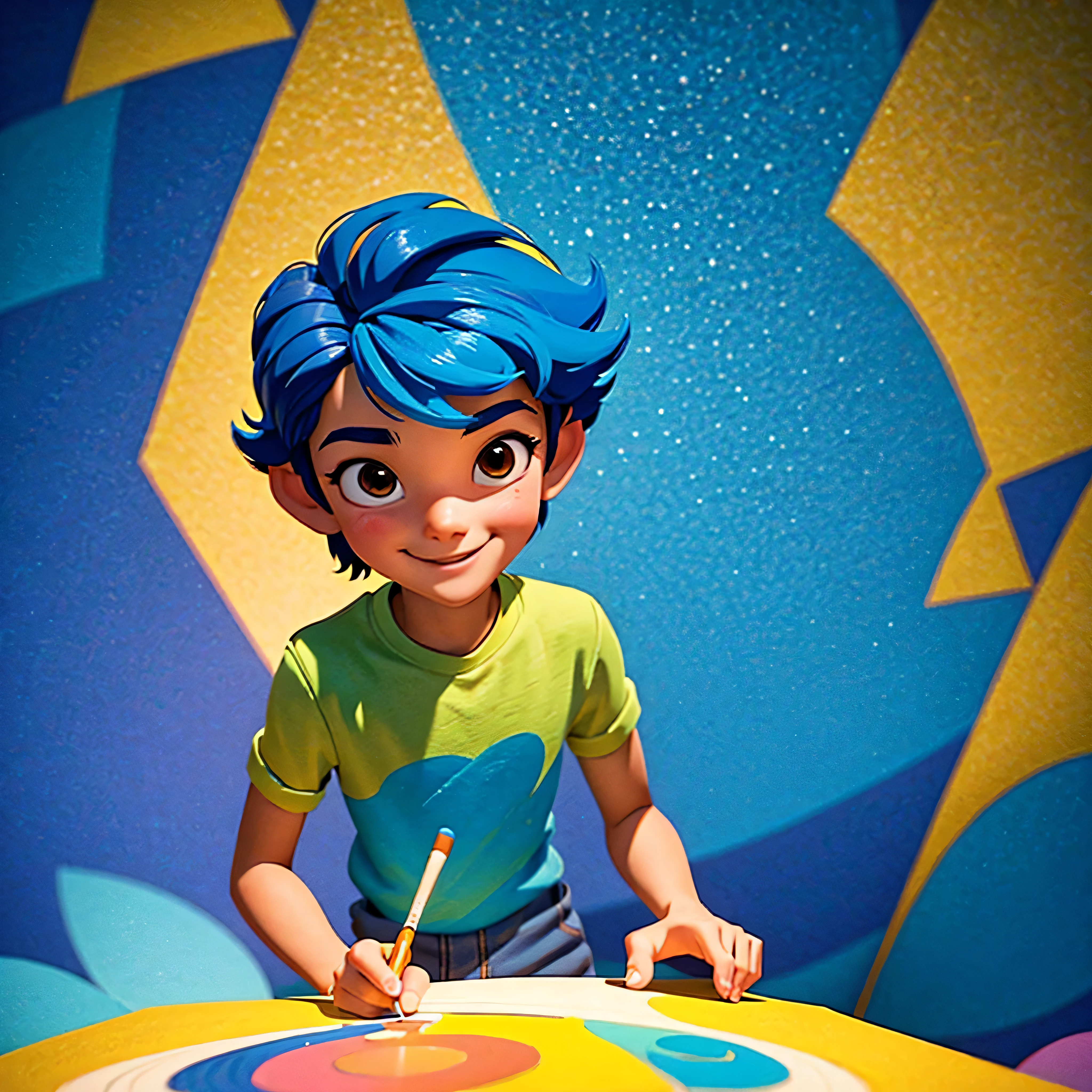 3D cute painter boy creating a masterpiece in Pixar 3D, inspired by the whimsical artistry of Mary Blair. The scene showcases vibrant colors, playful brush strokes, and a mischievous smile on the boy's face. Warm color temperature, with soft, diffused lighting, creating a artistic atmosphere reminiscent of a storybook illustration. --v 5 --stylize 1000