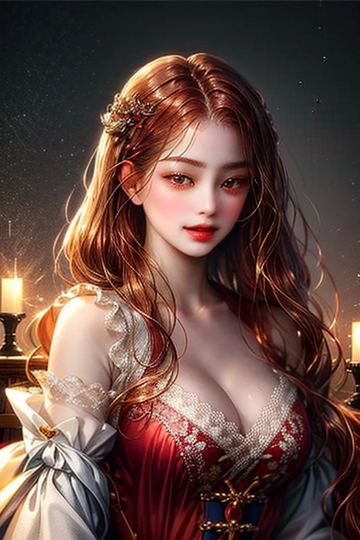 (masterpiece, top quality, 最好of质量, official art, Beautiful and beautiful:1.2), (1 girl:1.3), (fractal art:1.3),absurd, masterpiece, 最好of质量, 实际of, Super detailed, (有光泽of皮肤, 出汗of:1.4), looking at the audience, 细长of, 1 girl, 独自of,   long hair, Double tail, princess cut, 白色of头发, red eyes, (Thick thighs:0.5), dynamic lighting, high resolution, 锐利of焦点, depth of field, medium breasts, side breasts, vampire,  masterpiece, 最好of质量, Super detailed, illustration, Super detailed face, 最好of质量 face, of, 18 years old, aldult, 1 girl, 18 years old, 白色of头发,  性感of姿势, 可爱of, kawaii, The art of math, 细致of眼睛, blush, red cheeks，长而有光泽of头发, Red hair,  giggle, 多汁of嘴唇,  juice, red lips, 完美of眼睛,Lace lingerie