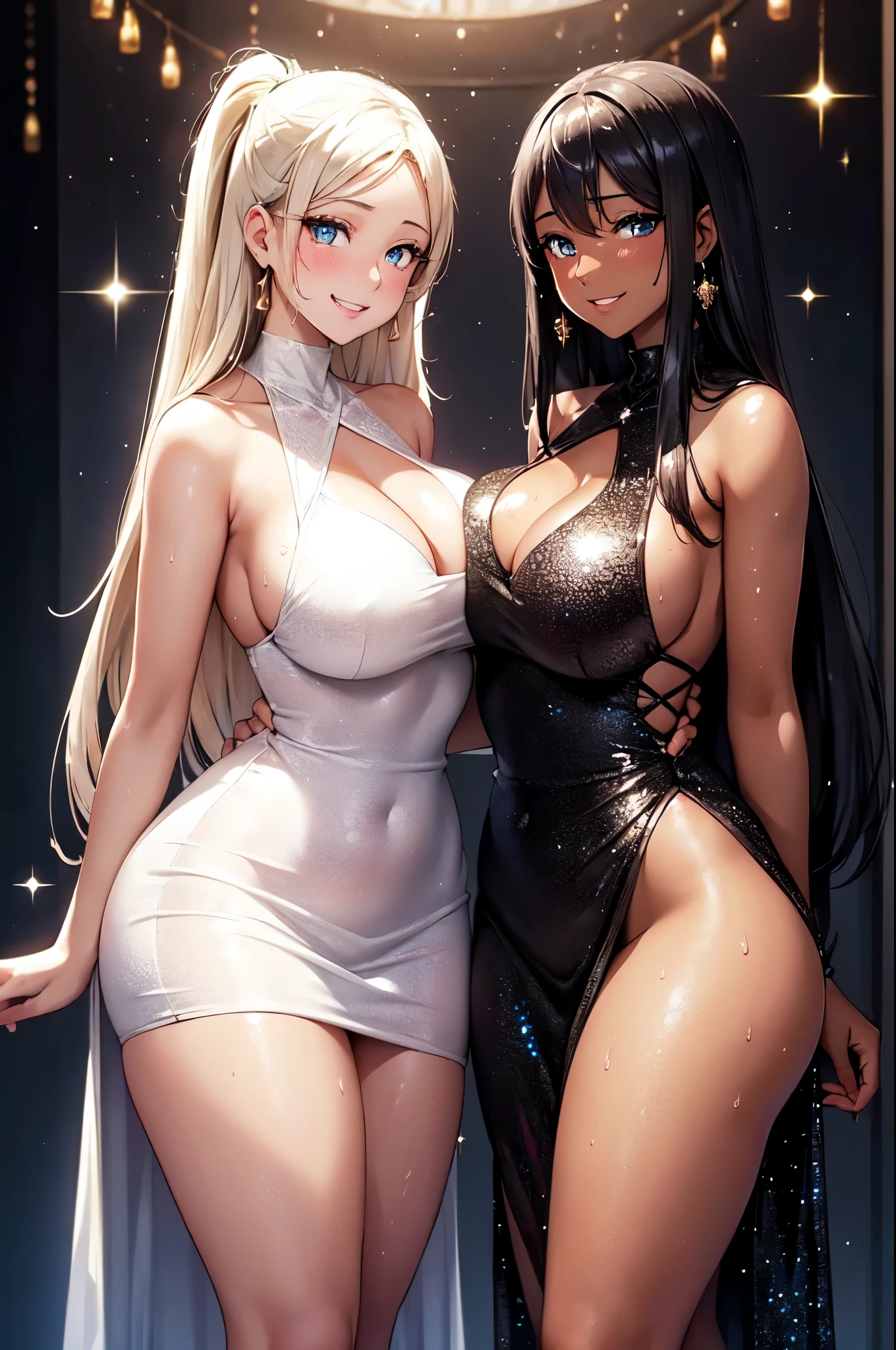(High quality, High resolution, Fine details), Simple background, (Two women standing:1.2), (Symmetrical:1.2), BREAK (Glittering White Dress, curvy women, sparkling eyes, (Detailed eyes:1.2), Dark Skin, grin, blush, Sweat, Oily skin), BREAK (Glittering Black Dress, curvy women, sparkling eyes, (Detailed eyes:1.2), Light Skin, grin, blush, Sweat, Oily skin), shallow depth of field